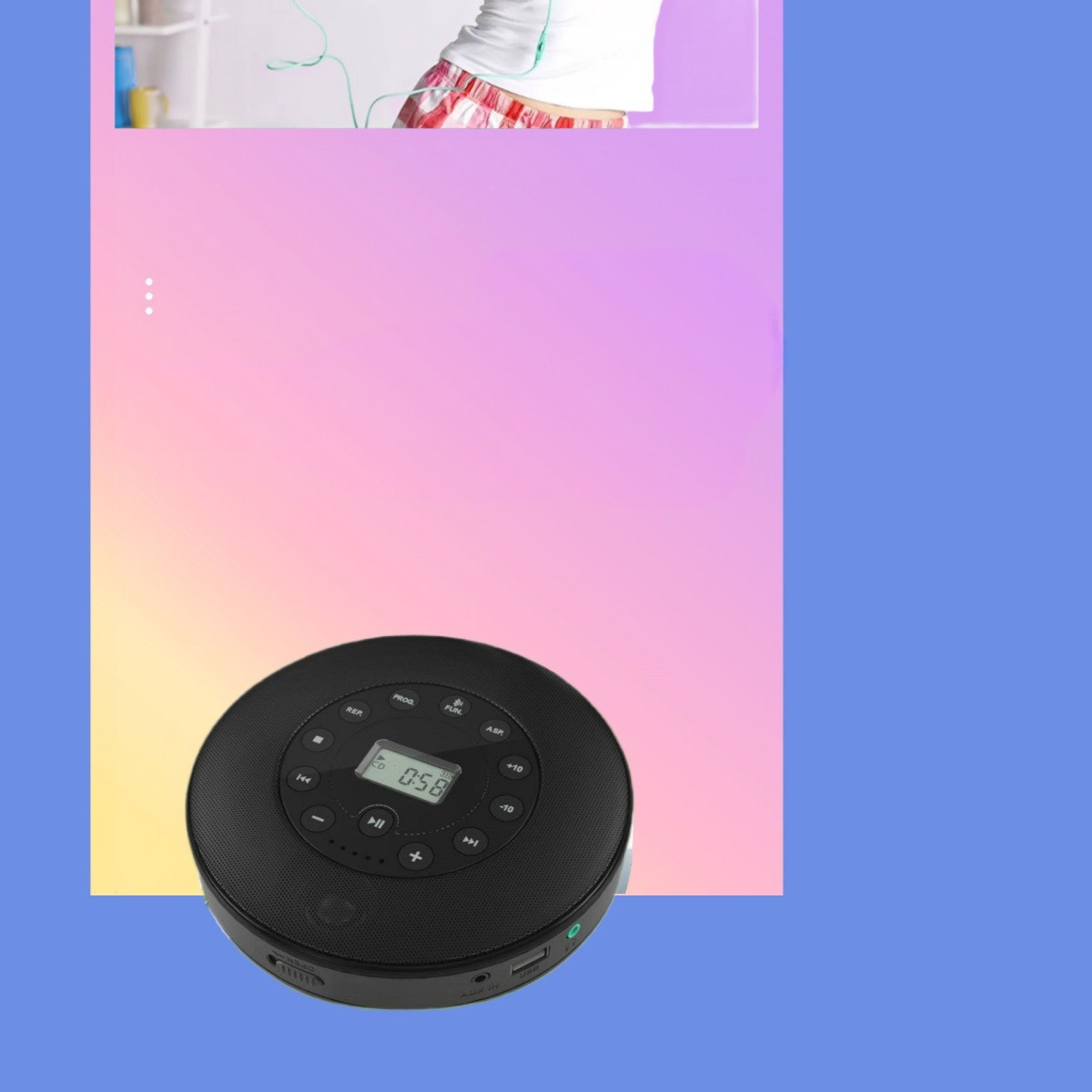 Ein schwarzer tragbarer CD-Player auf blau-rosa Farbverlauf. Eine Person hört Musik mit Kopfhörern.