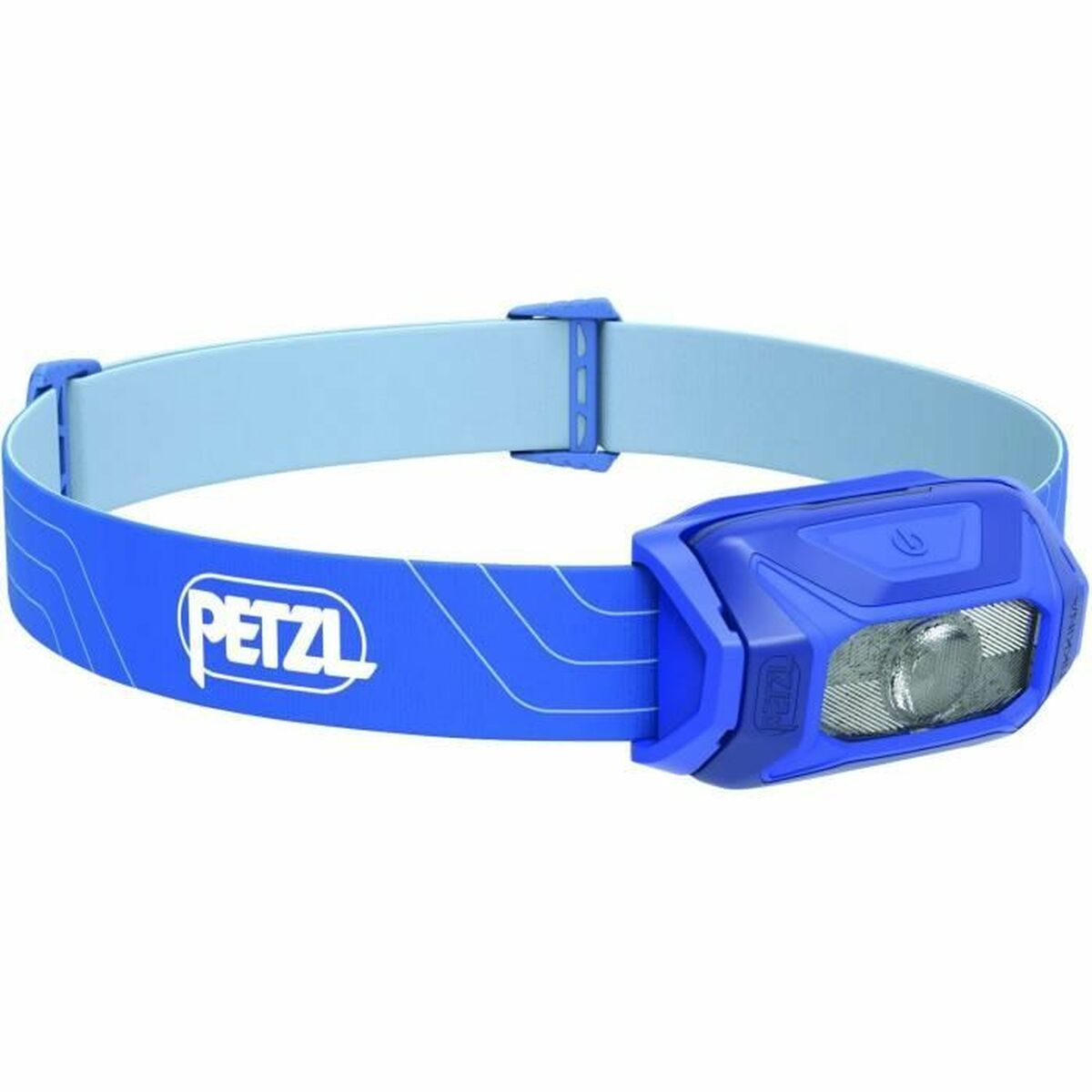 Niebieska lampa czołowa z jasnoniebieskim paskiem, logo PETZL. Do aktywności na świeżym powietrzu, nocą.