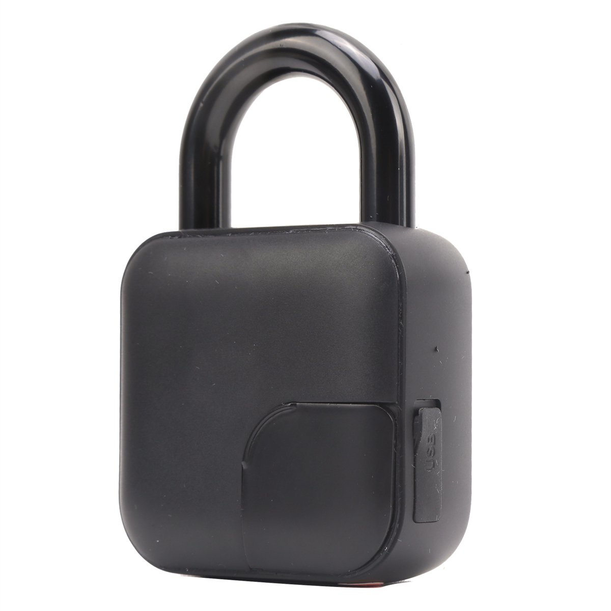 Schwarzes Vorhängeschloss mit gebogenem Bügel. Das Schloss hat einen quadratischen Körper und einen USB-Anschluss.