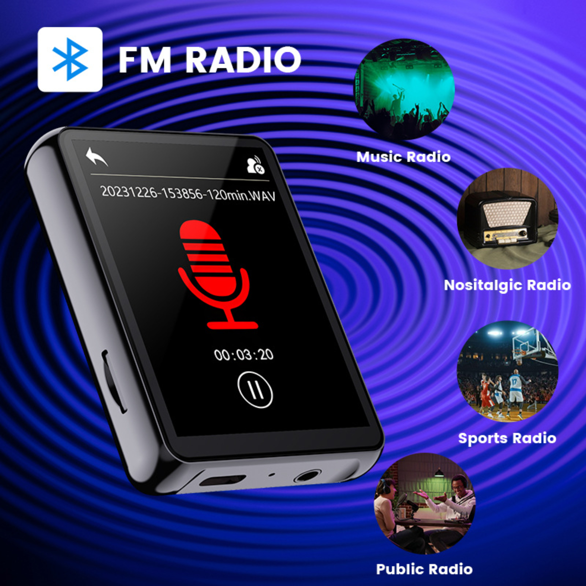 Ein schwarzer tragbarer Mediaplayer mit einer Oberfläche mit rotem Mikrofon-Symbol und anderen Radiooptionen.