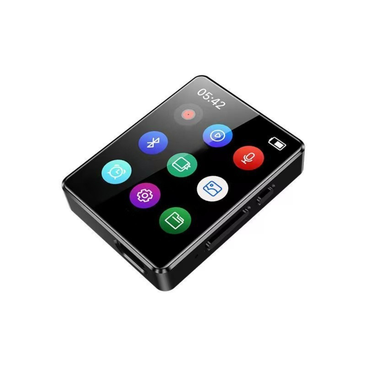 Ein schwarzer rechteckiger MP3-Player mit Touchscreen, der verschiedene App-Symbole anzeigt.