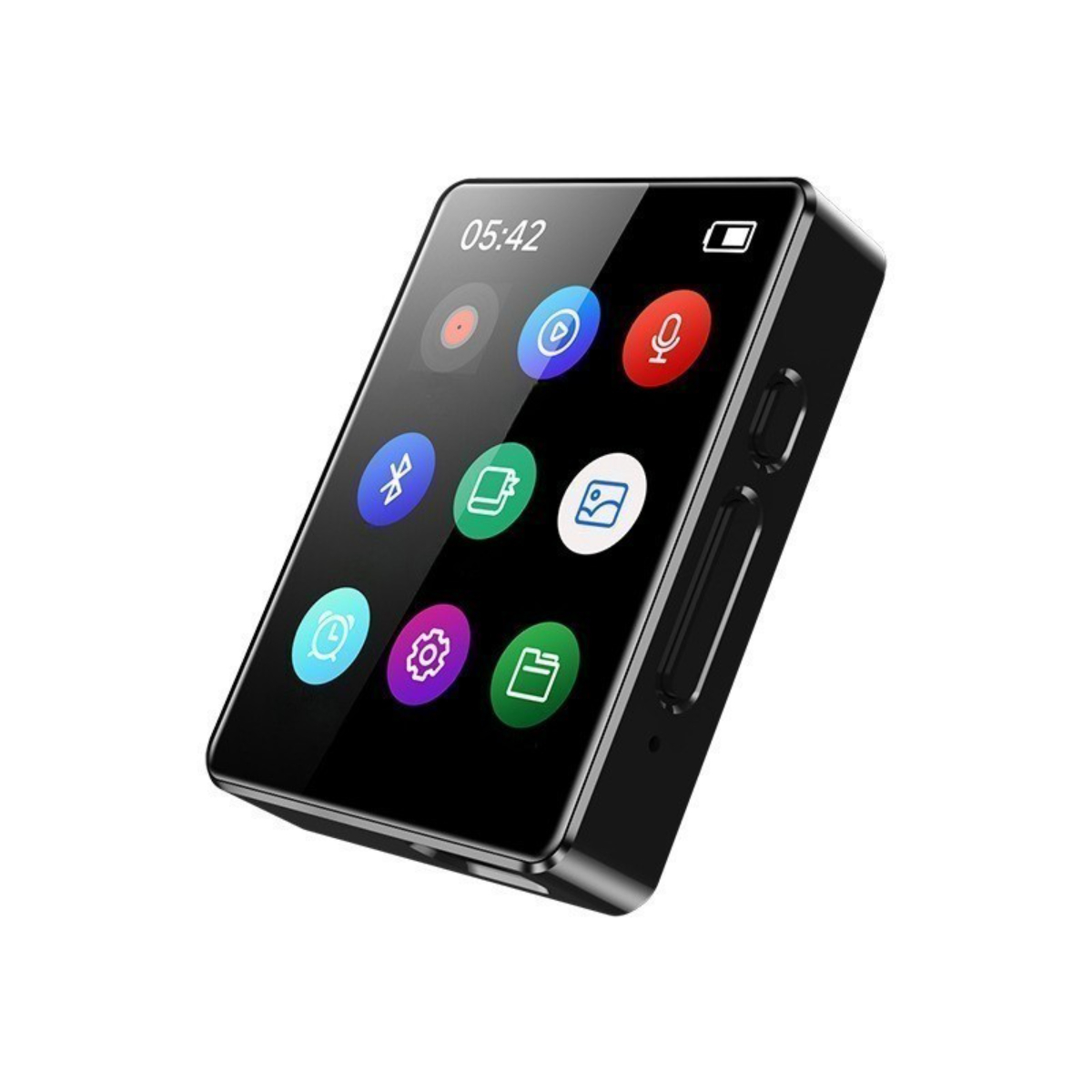 Schwarzer MP3-Player mit Bildschirm, der Symbole anzeigt. Die Uhrzeit 05:42 ist sichtbar.