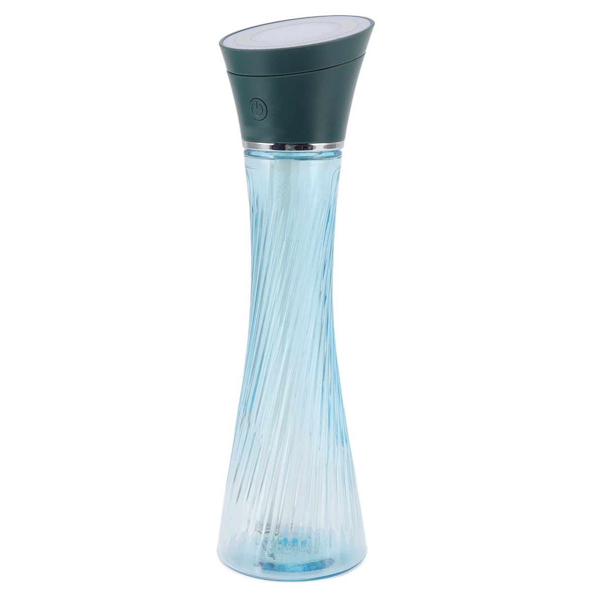 Eine hohe, blaue Glasflasche mit Spiralmuster und einem dunkelgrünen Deckel.