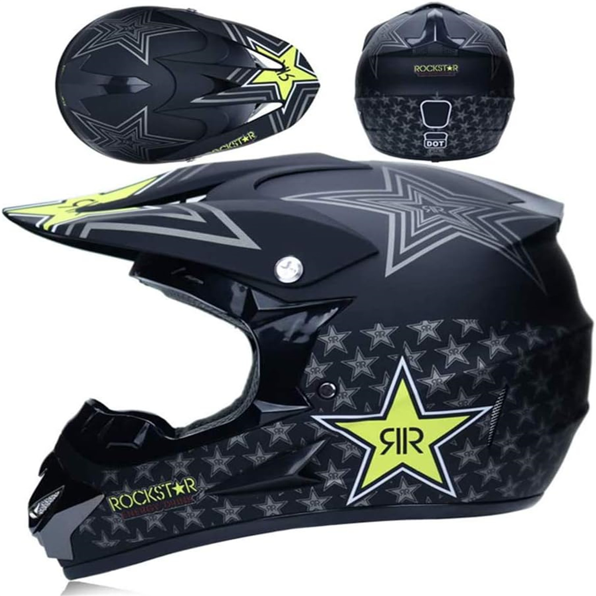 Ein schwarzer und gelber Rockstar-Motorradhelm mit Sternmustern.