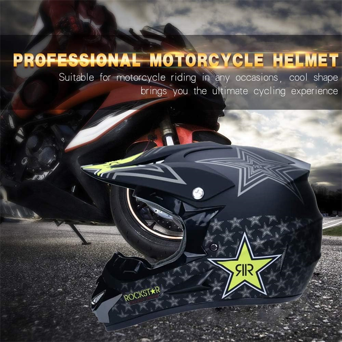 Ein schwarzer Motorradhelm mit Sternendesign. Er steht vor einem Motorrad.