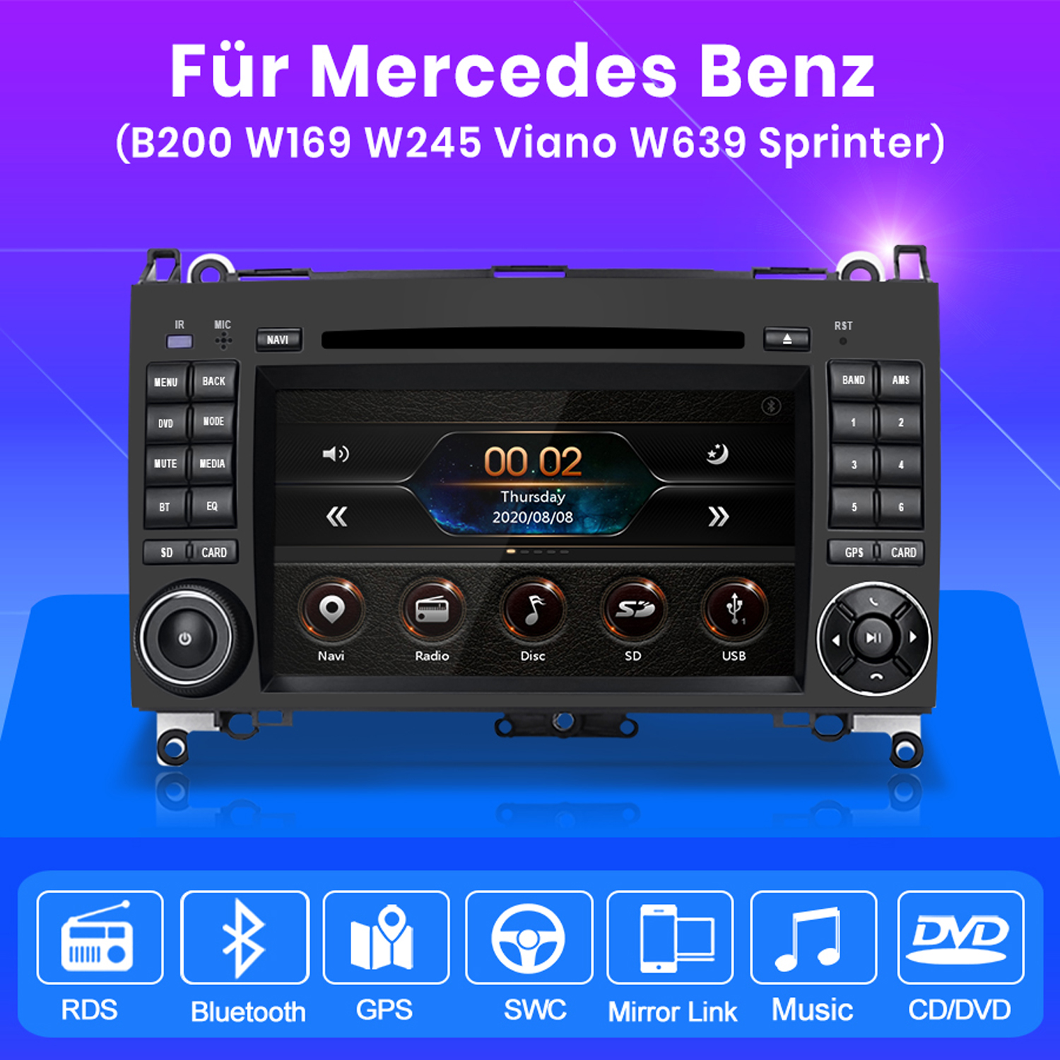 Autoradio für Mercedes Benz mit Knöpfen und Display. Text: Für Mercedes Benz.