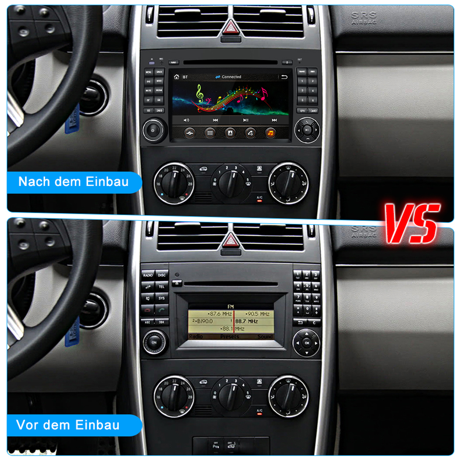 Ein Autoradio, vor und nach dem Einbau, mit einem Bildschirm, der Musik und Radio anzeigt.