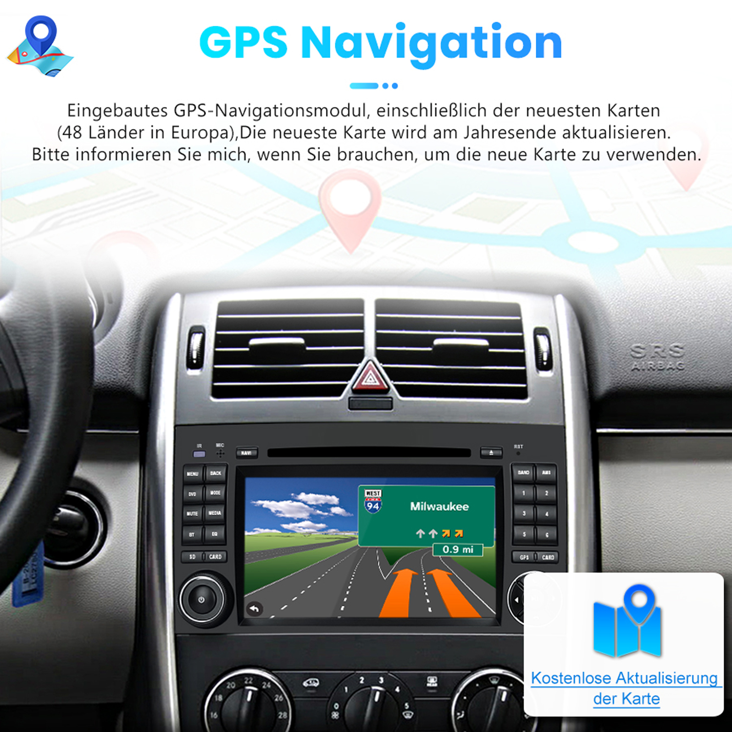 Auto-Armaturenbrett mit GPS-Navigationsbildschirm, der eine Karte und Wegbeschreibungen anzeigt, mit einem Navigationssymbol.