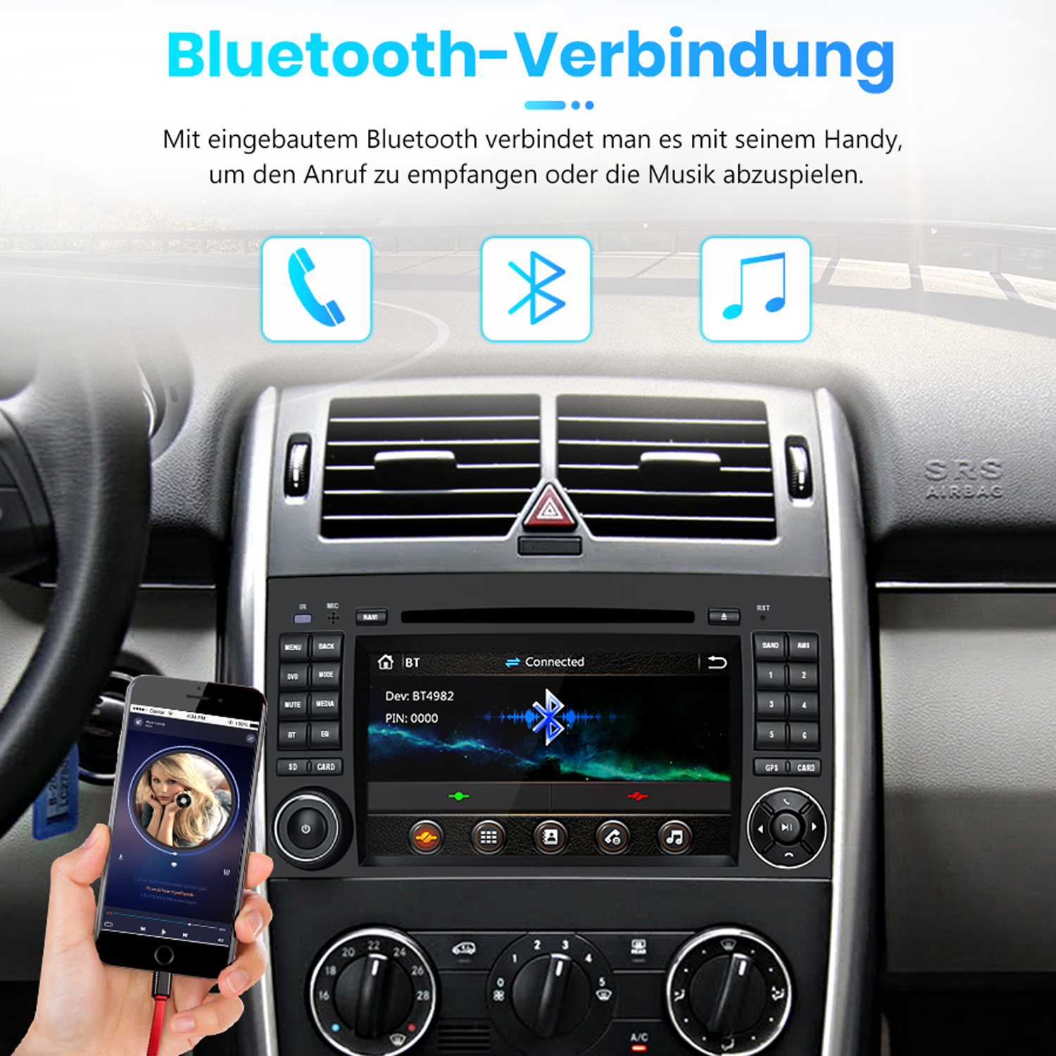 Armaturenbrett mit Bildschirm, der eine Bluetooth-Verbindung zeigt. Ein Smartphone ist per USB-Kabel verbunden.