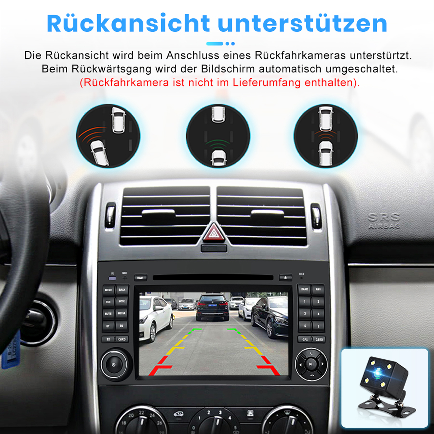 Auto-Armaturenbrett mit Rückfahrkamera-Anzeige, zeigt die Rückansicht des Autos und die Rückfahrkamera.