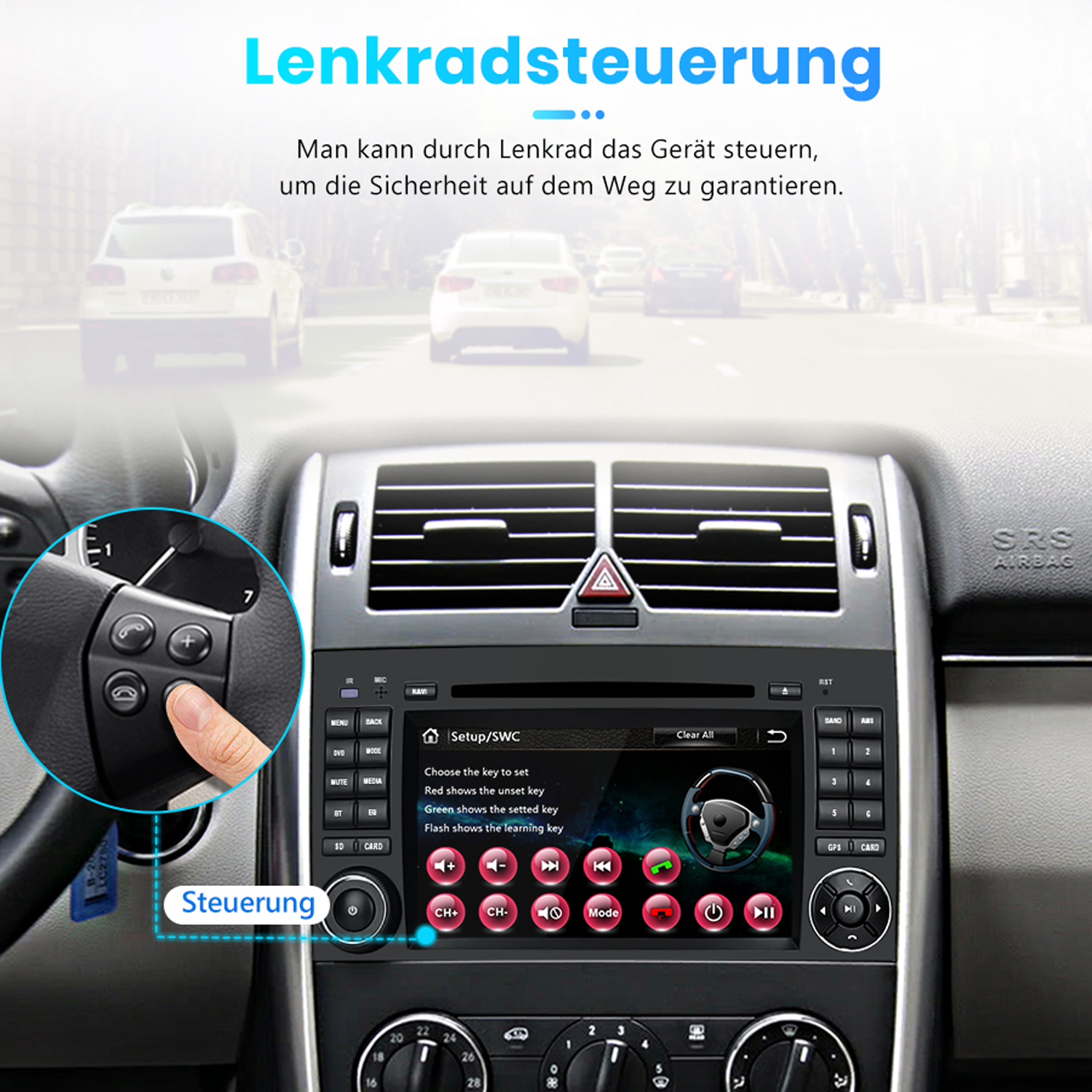 Autoinnenraum mit Lenkradbedienung und Display mit Einstellungen.