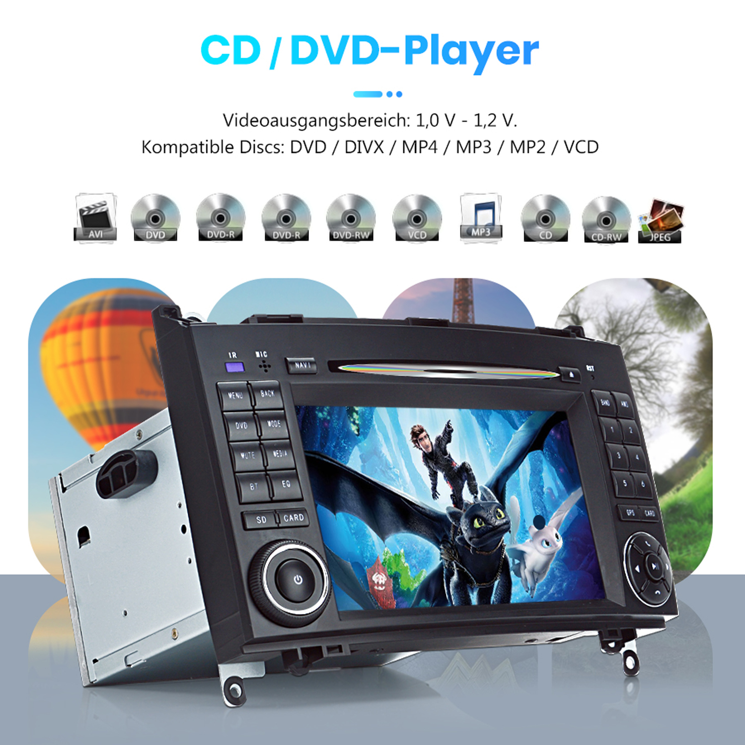 Auto-Multimedia-System mit Bildschirm, Tasten und CD/DVD-Player mit Discs.