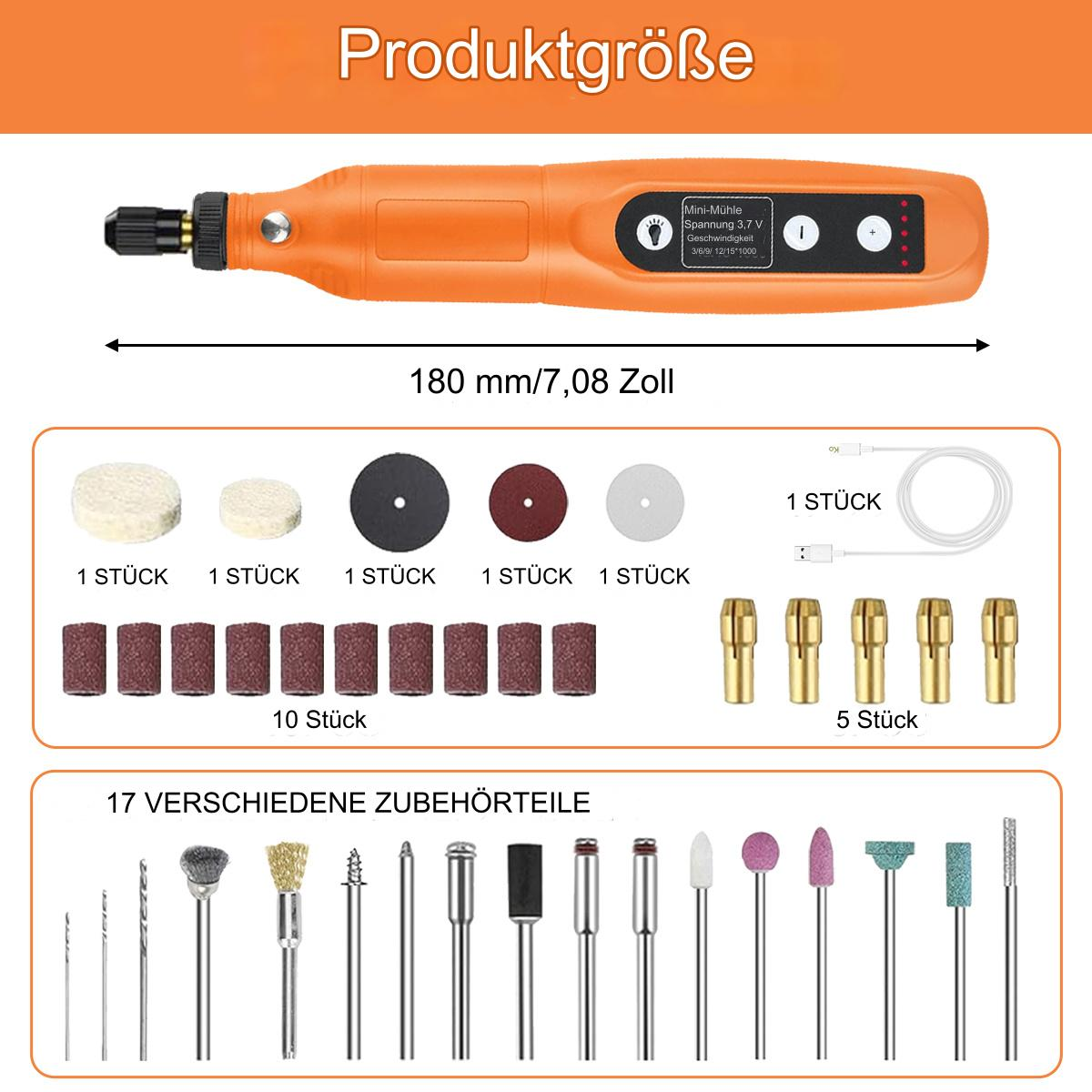 Ein orangefarbenes Rotationswerkzeug mit Zubehör wie Schleiftrommeln und Schleifköpfen.