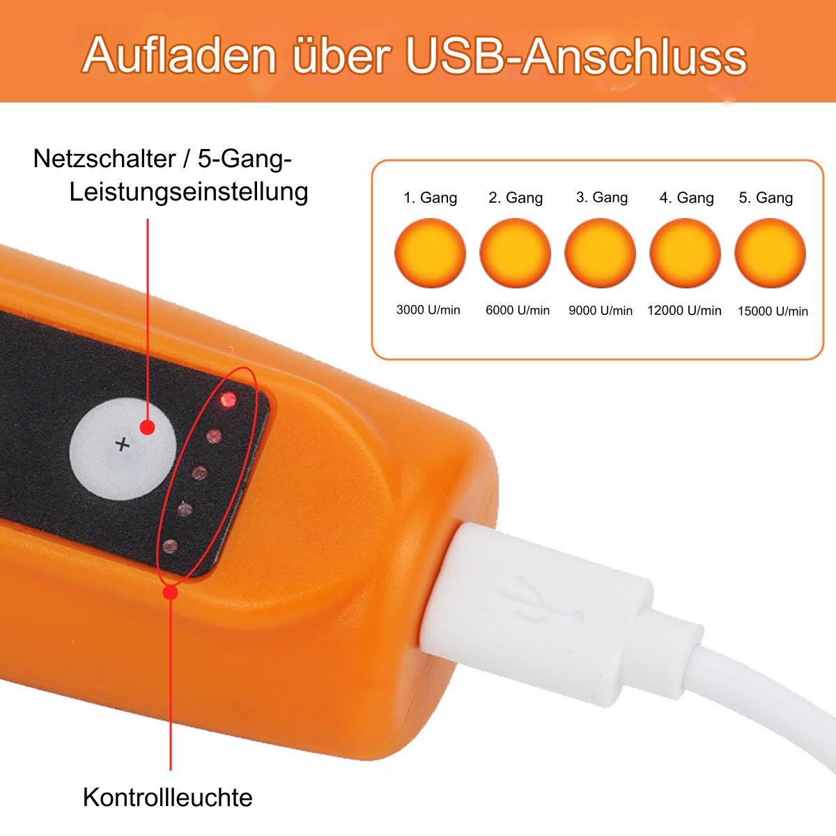 Oranges Handheld-Gerät mit Lichtern und USB-Anschluss. Zeigt Leistungsanzeigen.