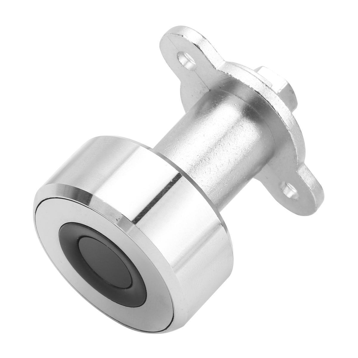 Silberner, zylindrischer Sensor mit Montageplatte. Isoliert auf weißem Hintergrund.