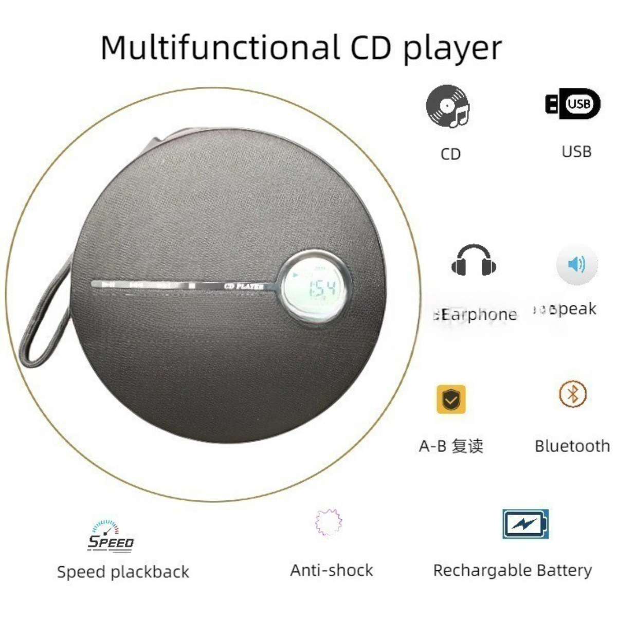 Schwarzer multifunktionaler CD-Player mit Symbolen und Text.