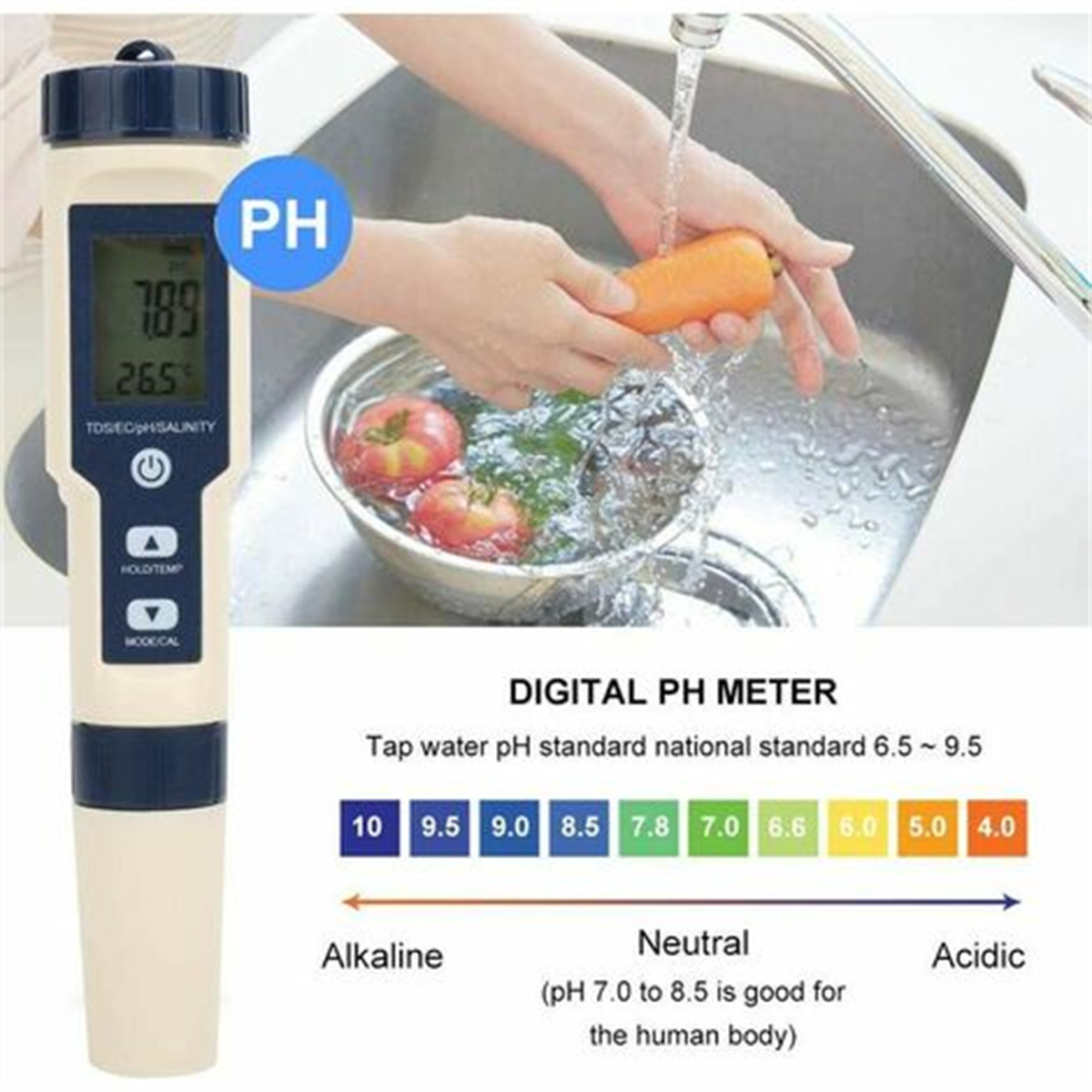 Digitales pH-Messgerät, das Wasser testet. Zeigt Messwerte auf dem Bildschirm an. Enthält ein Säurediagramm.