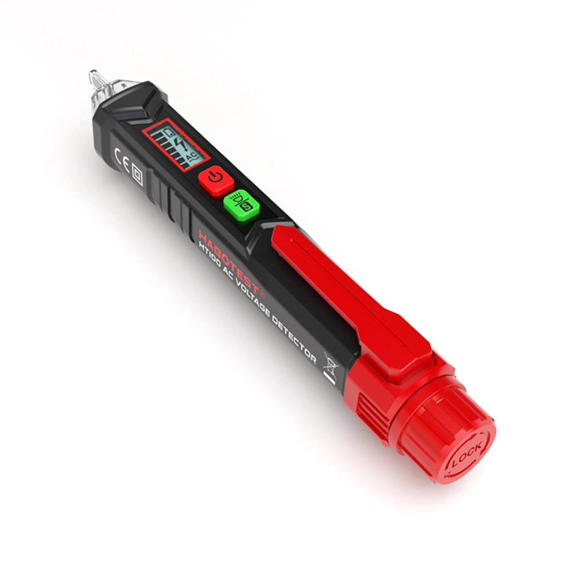 Schwarz-roter Spannungsdetektor. Hat einen Bildschirm, Knöpfe und eine rote Spitze. Weißer Hintergrund.