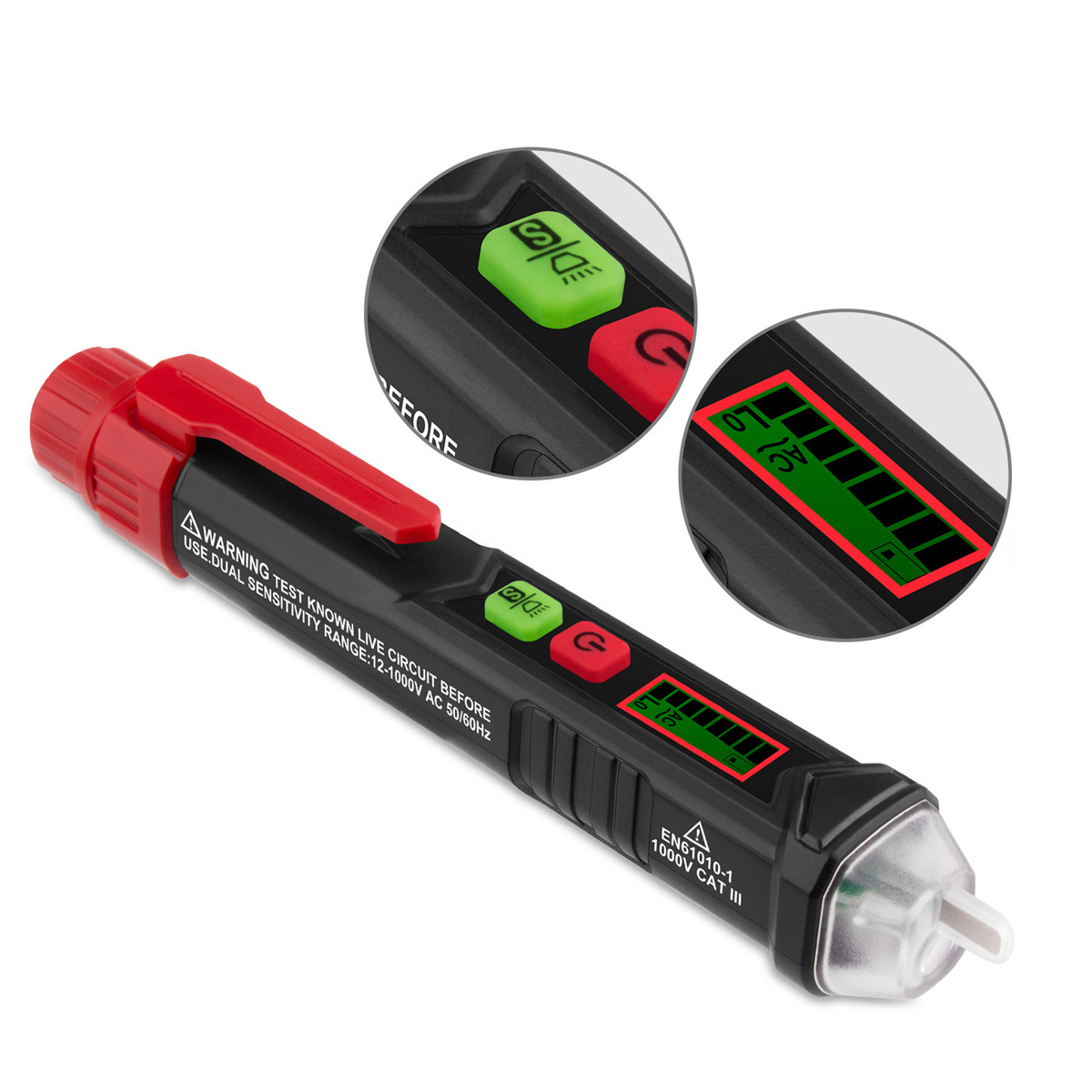 Schwarzer und roter Elektriker-Tester mit grüner und roter Anzeige und Bildschirm.