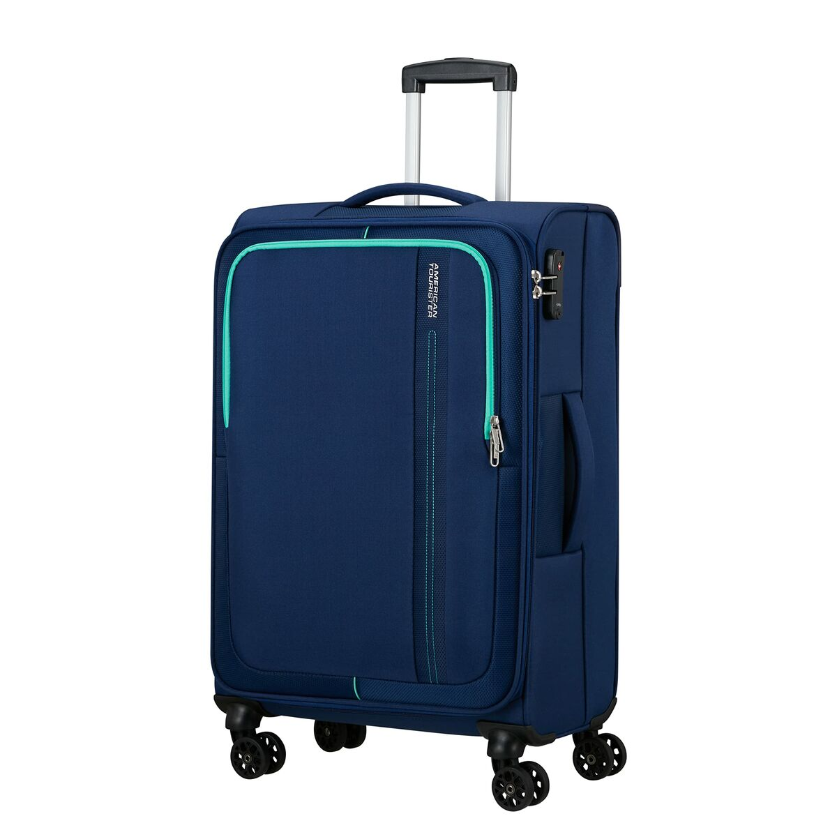 Una valigia blu navy con maniglia retrattile e quattro ruote.
