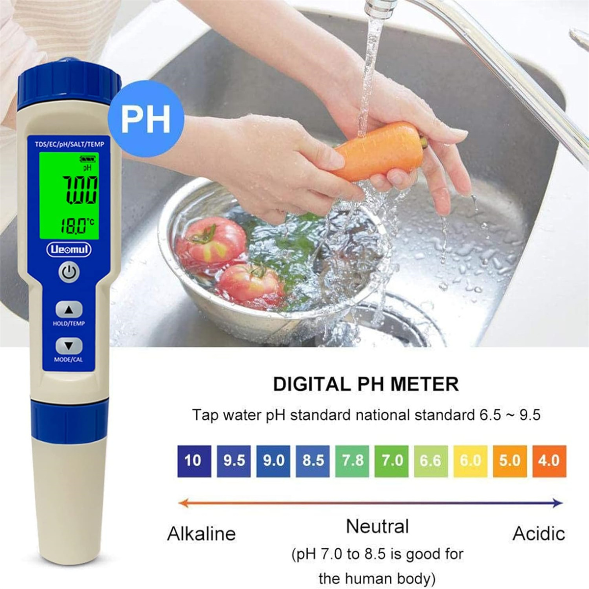 Ein digitales pH-Messgerät misst Wasser, mit einem Display, das einen pH-Wert von 7,0 anzeigt. Das Wasser ist in einem Waschbecken.