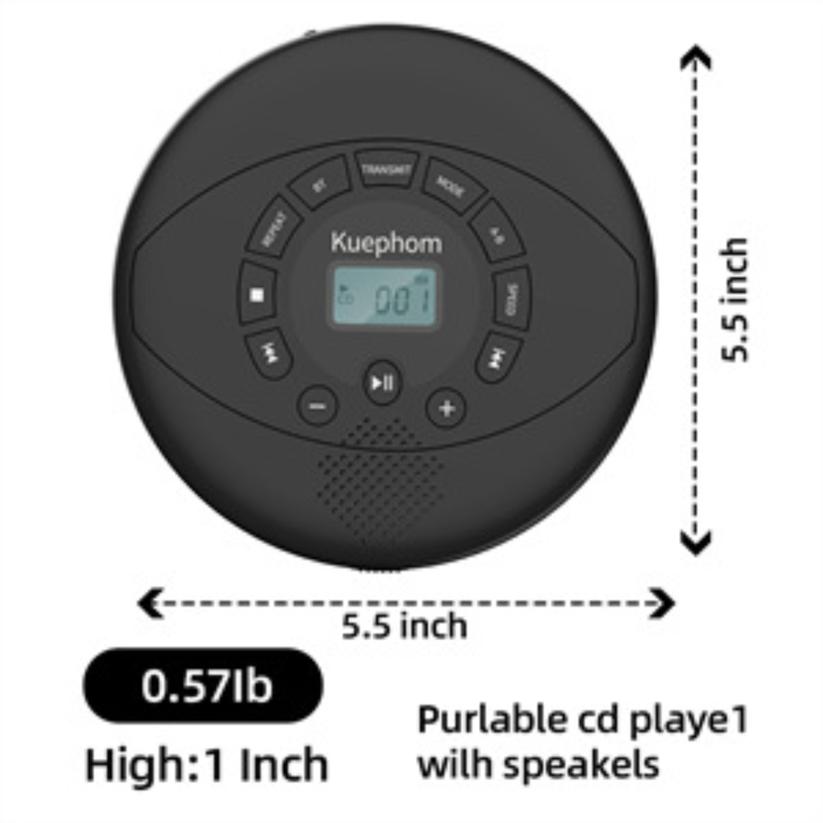 Ein schwarzer, kreisförmiger tragbarer CD-Player mit Knöpfen, Bildschirm und Abmessungen in Zoll.