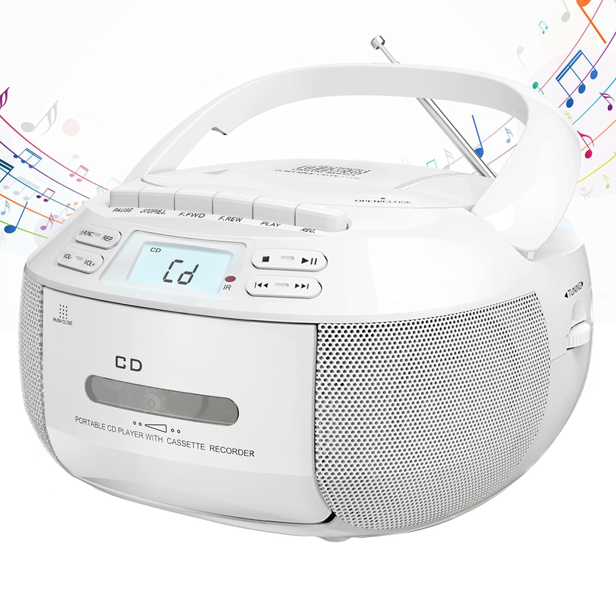 Ein weißer tragbarer CD-Player mit Kassettenrekorder. Text: CD, Tragbarer CD-Player mit Kassettenrekorder.