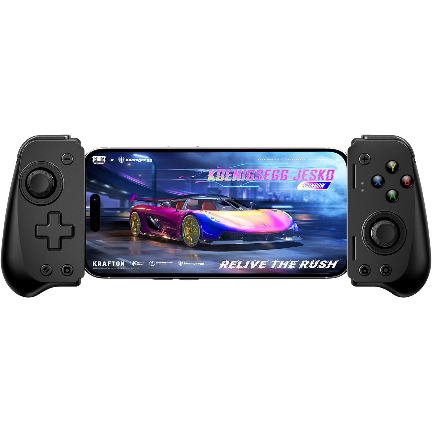 Gamepad nero che tiene un telefono con un gioco di corse. Auto rossa e blu visibile.
