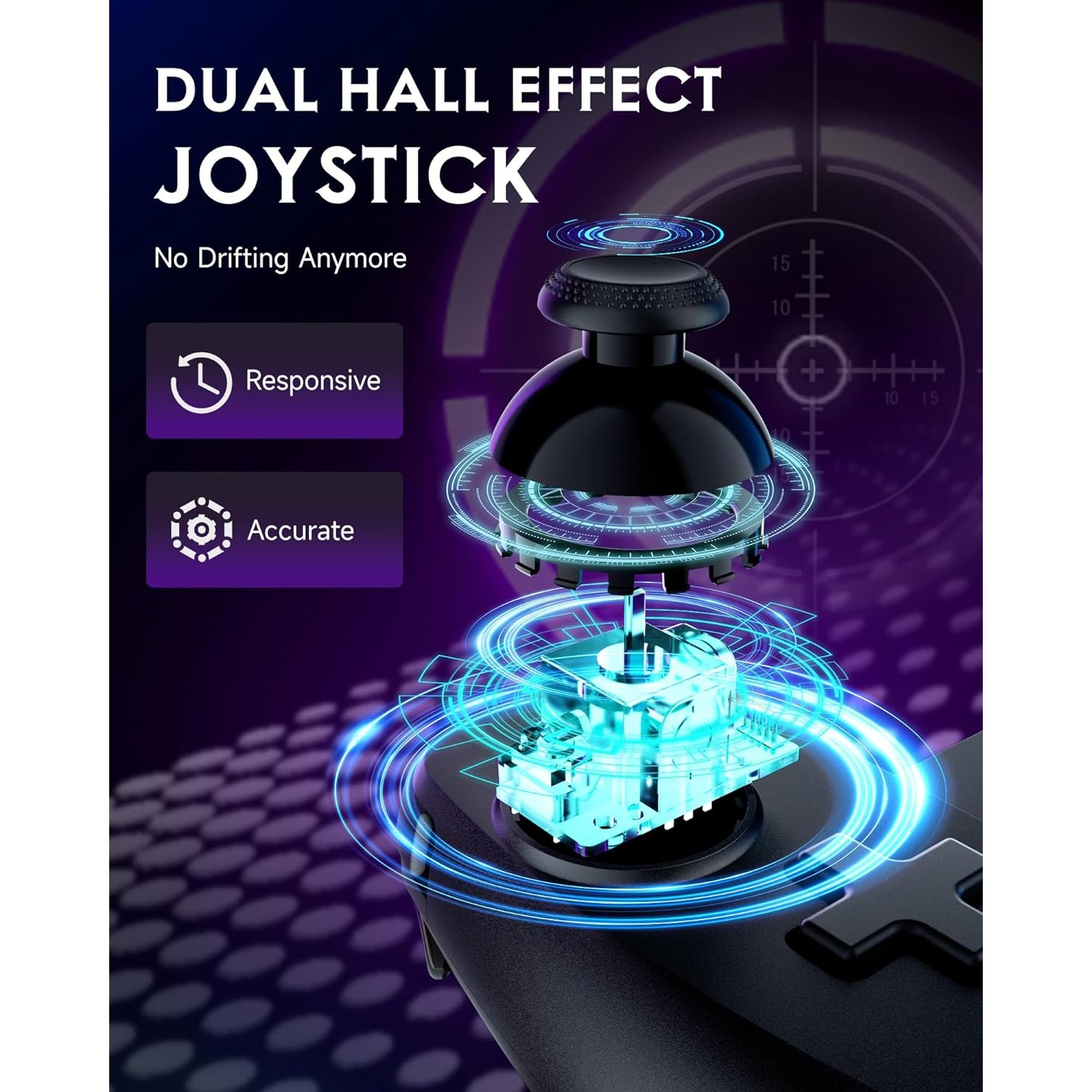 Un joystick a doppio effetto Hall con etichette: reattivo e preciso, e un reticolo di mira.