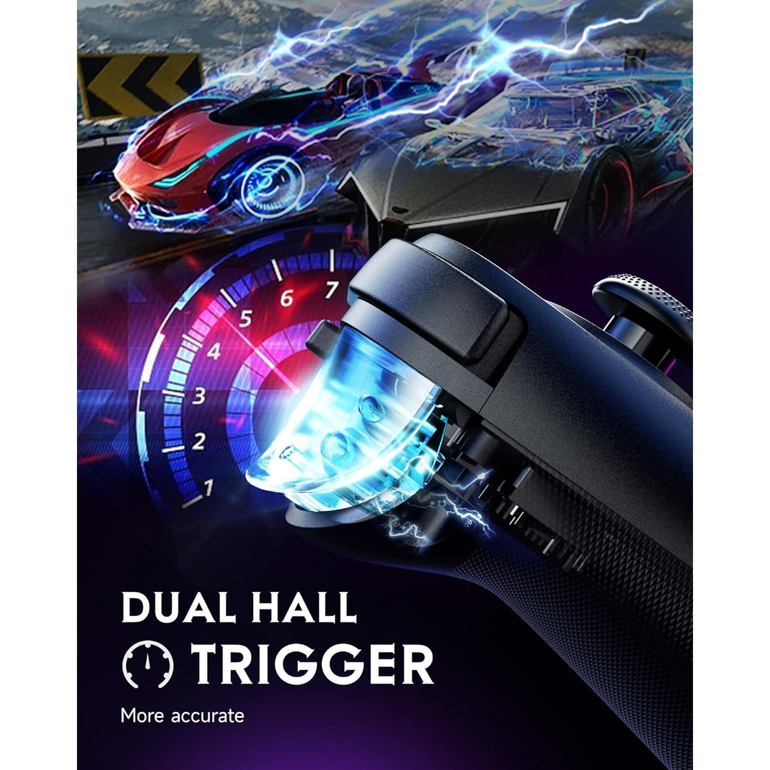 Controller di gioco nero con luce blu e sfondo di gioco di corse.