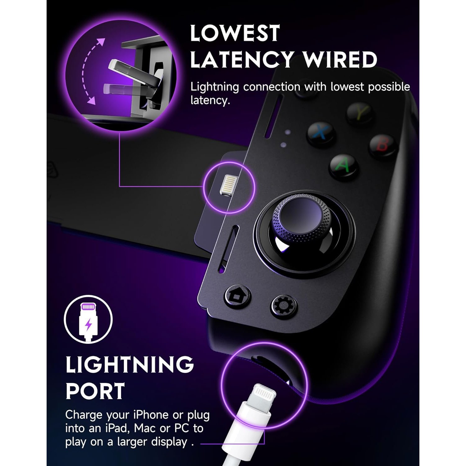 Controller di gioco nero, con porta Lightning e dettagli sulla latenza più bassa.
