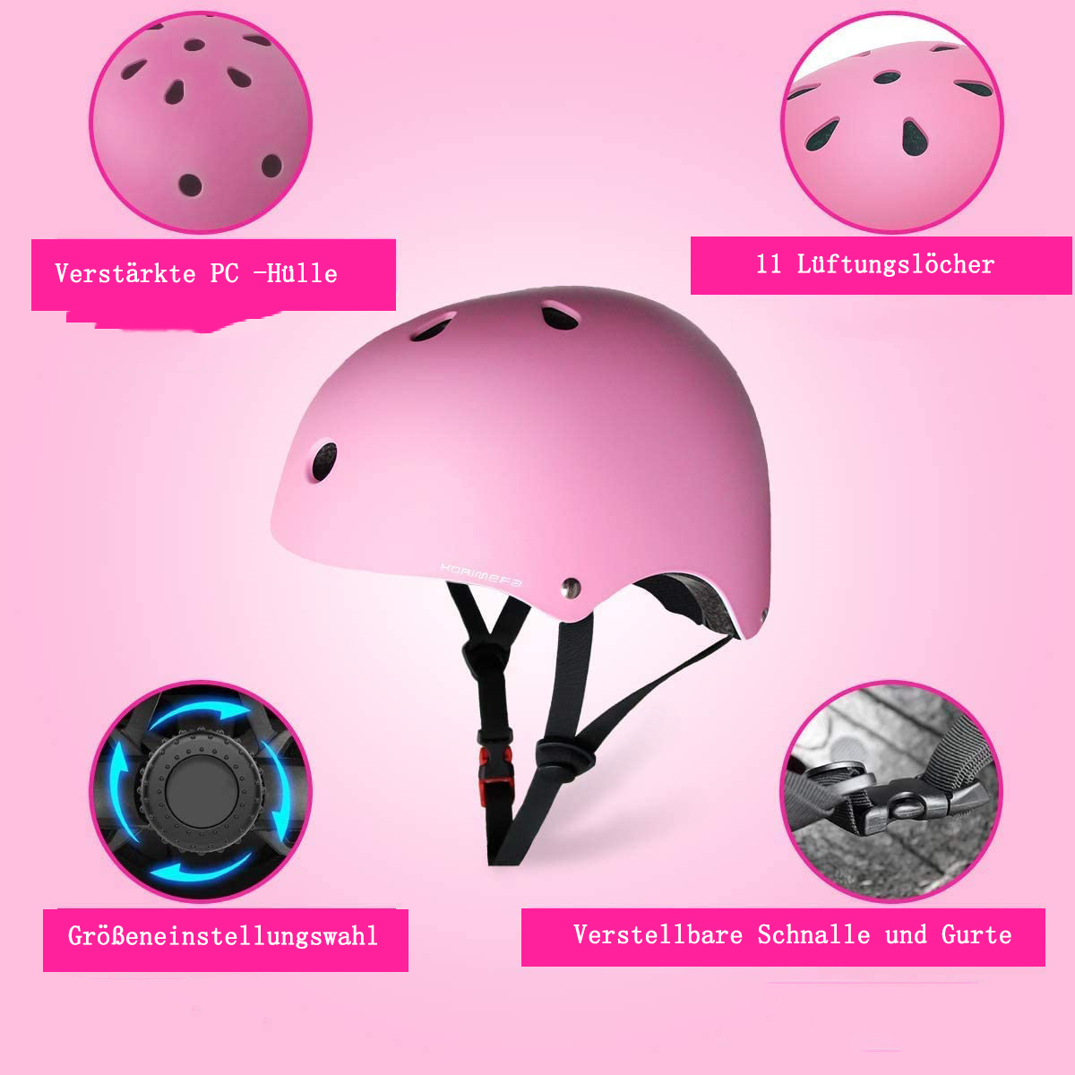 Rosa Helm mit Funktionen: Belüftung, Schnalle, verstellbar und PC-Schale.