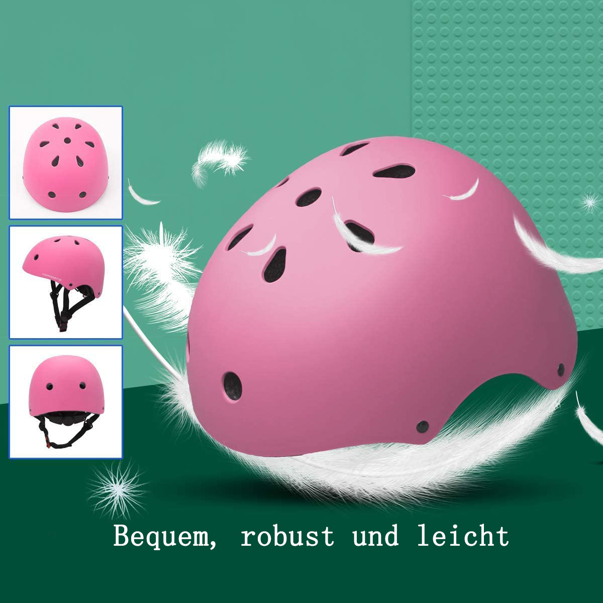 Pinker Helm mit schwarzen Belüftungsöffnungen, umgeben von weißen Federn. Drei Helmansichten in der linken Ecke.