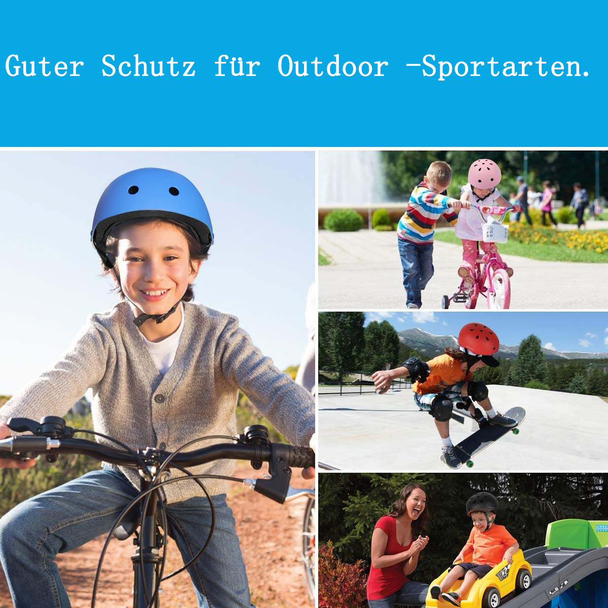 Ein Junge auf einem Fahrrad mit Helm. Andere Kinder spielen mit Fahrrädern und Skateboards.