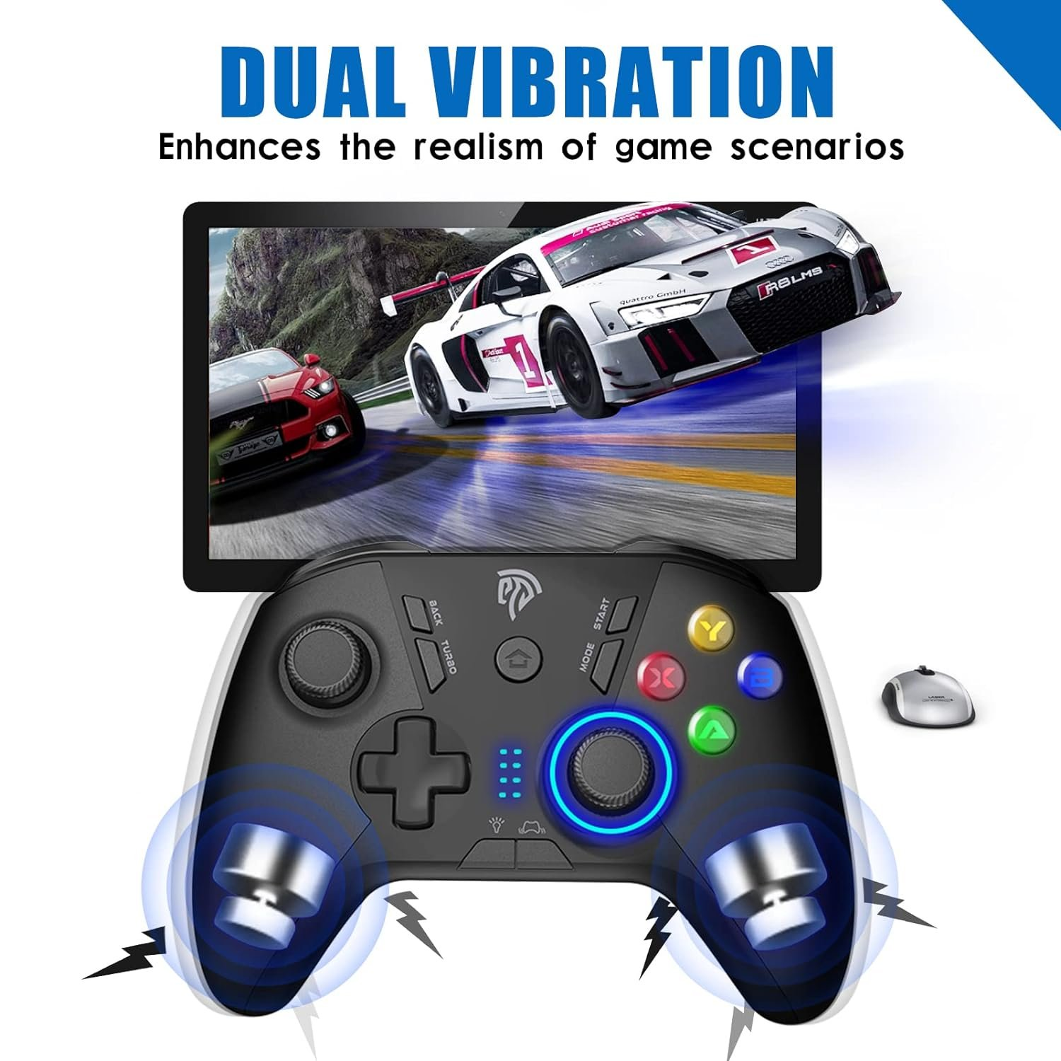 Spielcontroller mit Bildschirm, der Rennwagen zeigt, und den Worten 'DUAL VIBRATION'.
