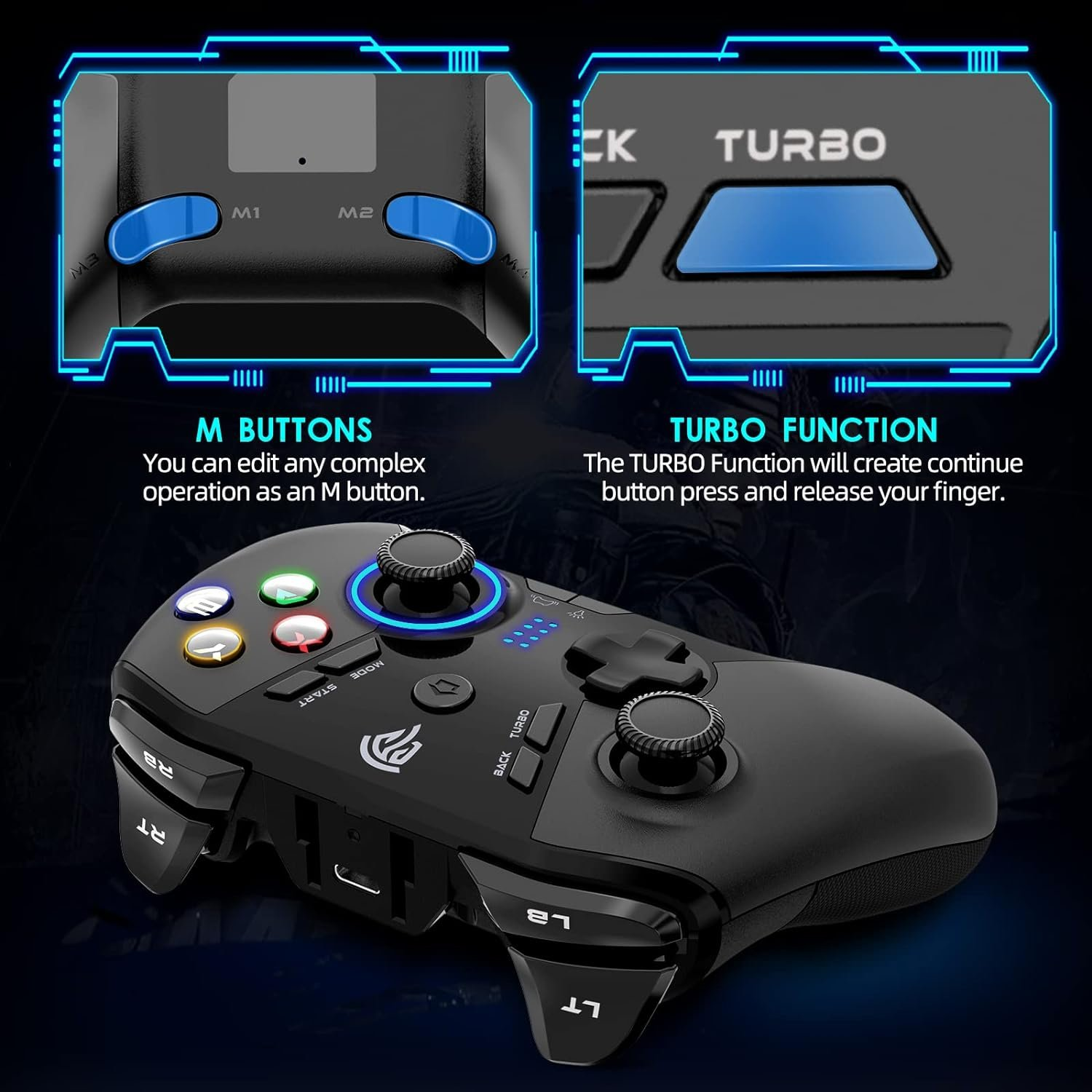 Schwarzer Controller mit blauen Knöpfen. M-Tasten bearbeiten komplexe Vorgänge. Turbo-Funktion für Dauerdruck.
