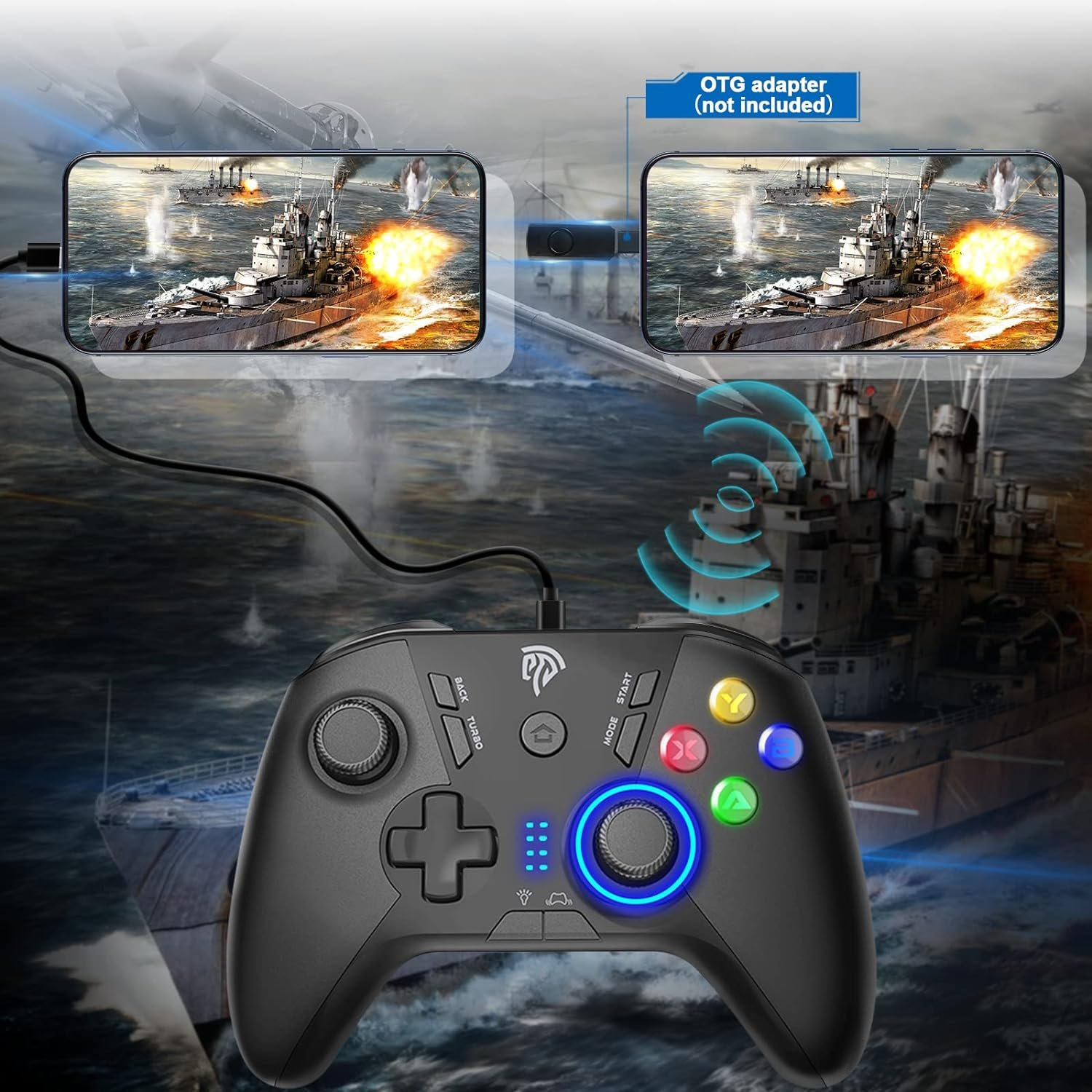 Gaming-Controller, verbunden mit Handys mit einer Kampfszene.