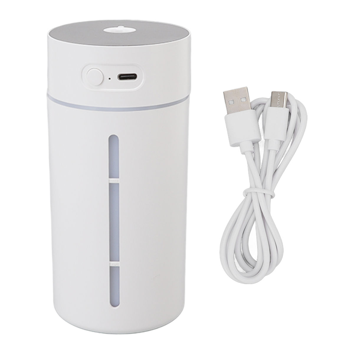 Weißer Luftbefeuchter mit USB-C-Kabel. Er hat einen Ein-/Ausschalter und einen Ladeanschluss.
