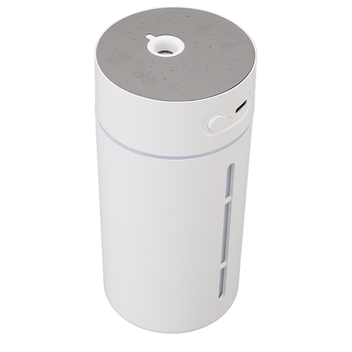 Ein weißer Luftbefeuchter mit Sternendesign auf der Oberseite. Ein Knopf und ein USB-Anschluss sind sichtbar.