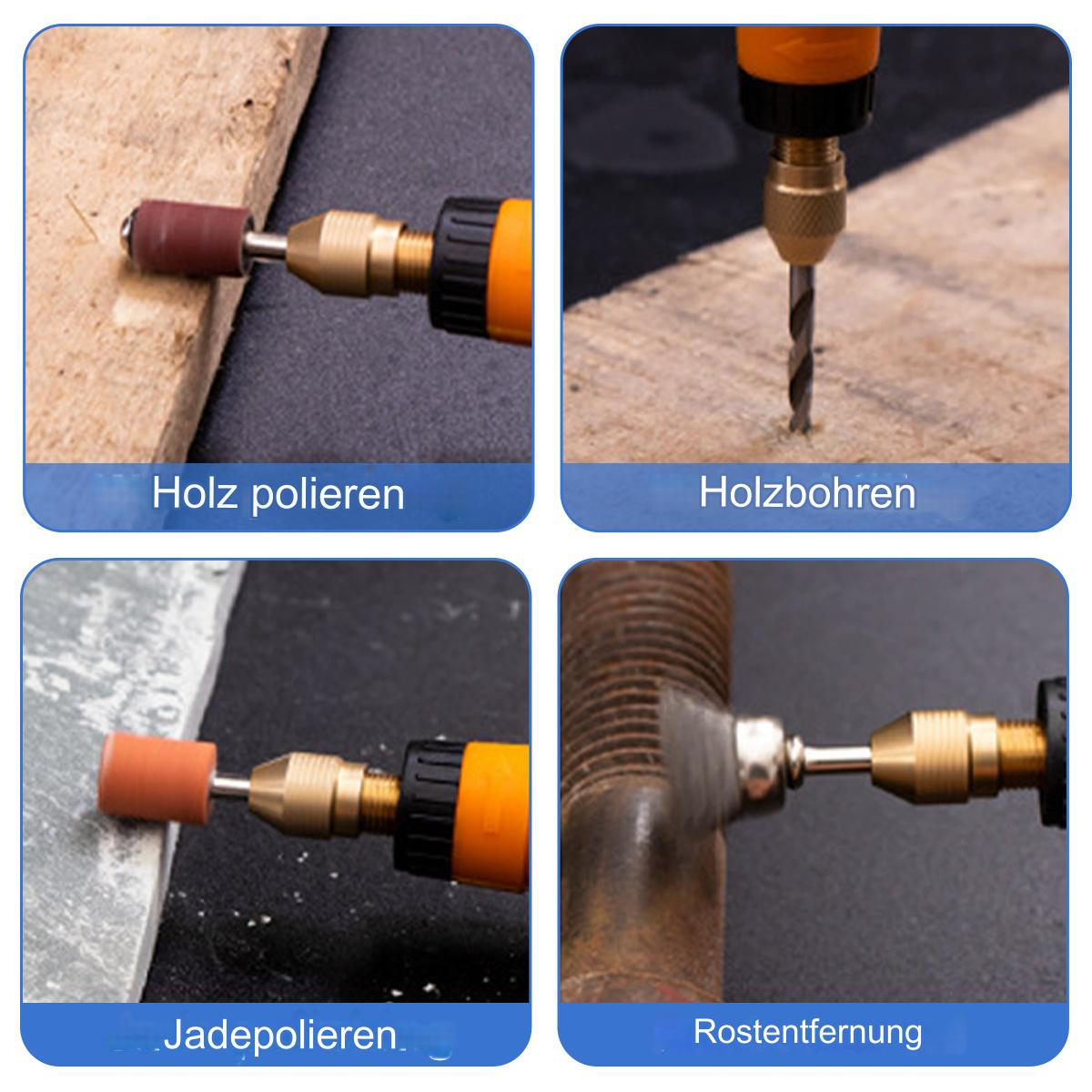 Ein Rotationswerkzeug mit verschiedenen Aufsätzen zum Polieren von Holz, Jade und Entfernen von Rost.