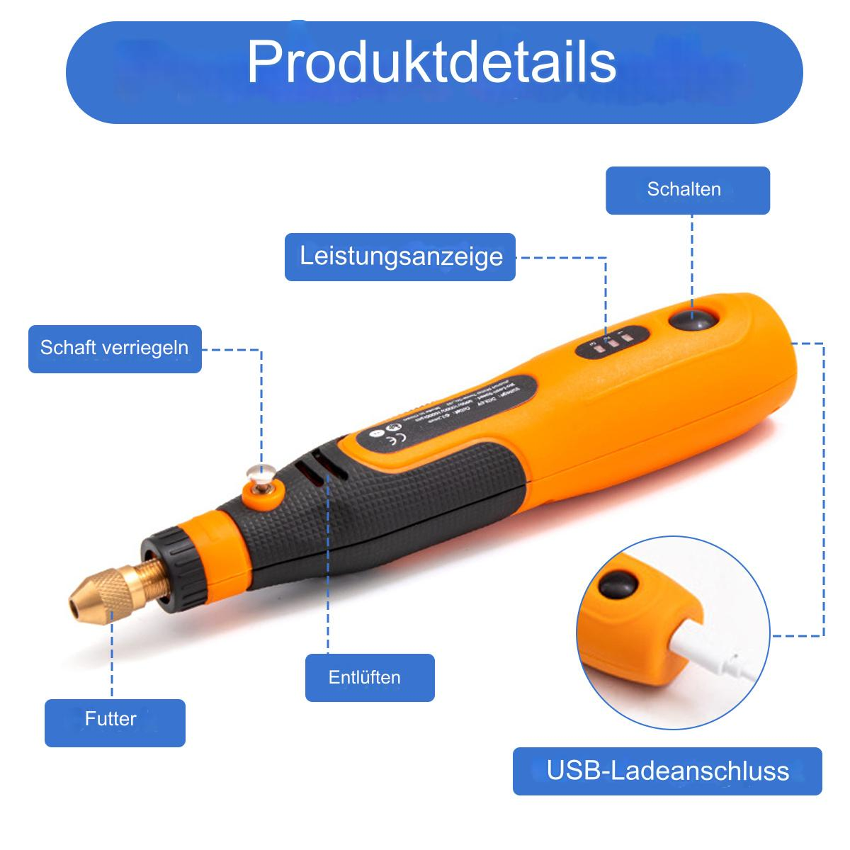 Orange und schwarzes Rotationswerkzeug mit deutschen Etiketten. Produktdetails werden angezeigt.