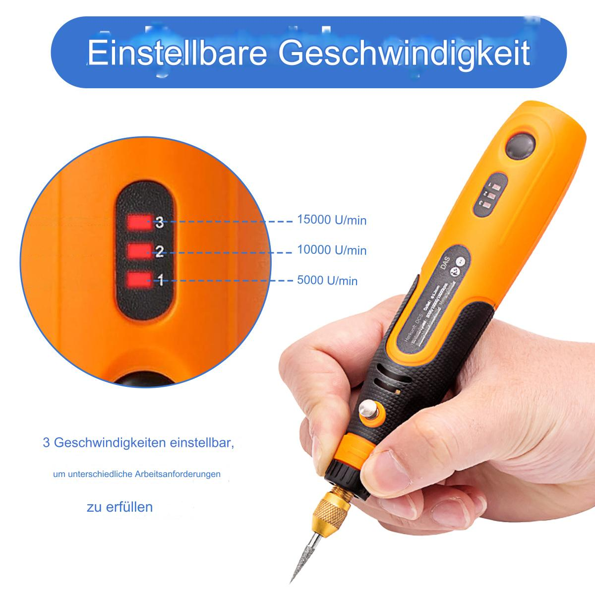 Oranges Rotationswerkzeug mit Geschwindigkeitseinstellungen. Hand hält es. Text zur Geschwindigkeit.