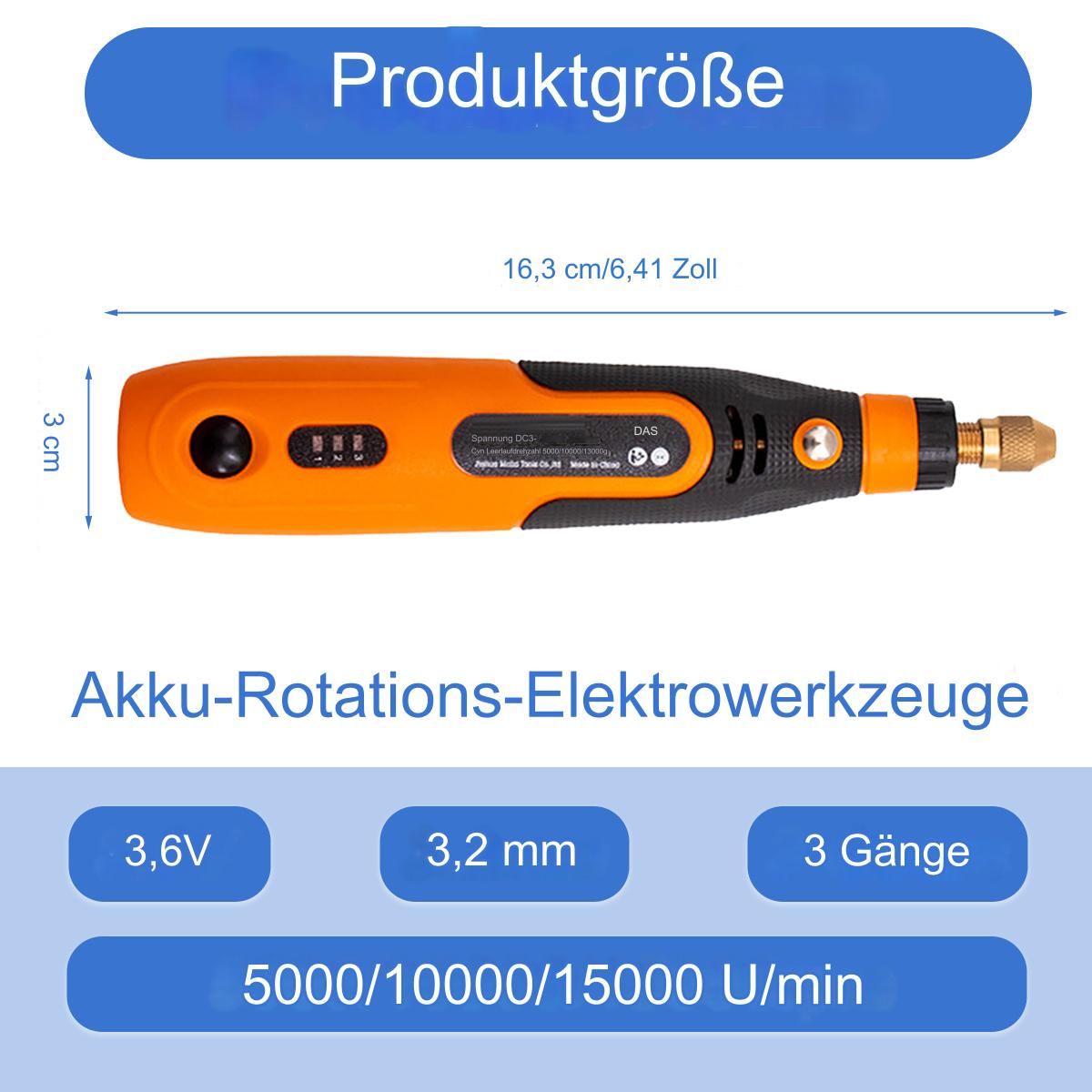 Oranges Rotationswerkzeug mit Spezifikationen und Maßen. Text: 'Akku-Rotations-Elektrowerkzeuge'.