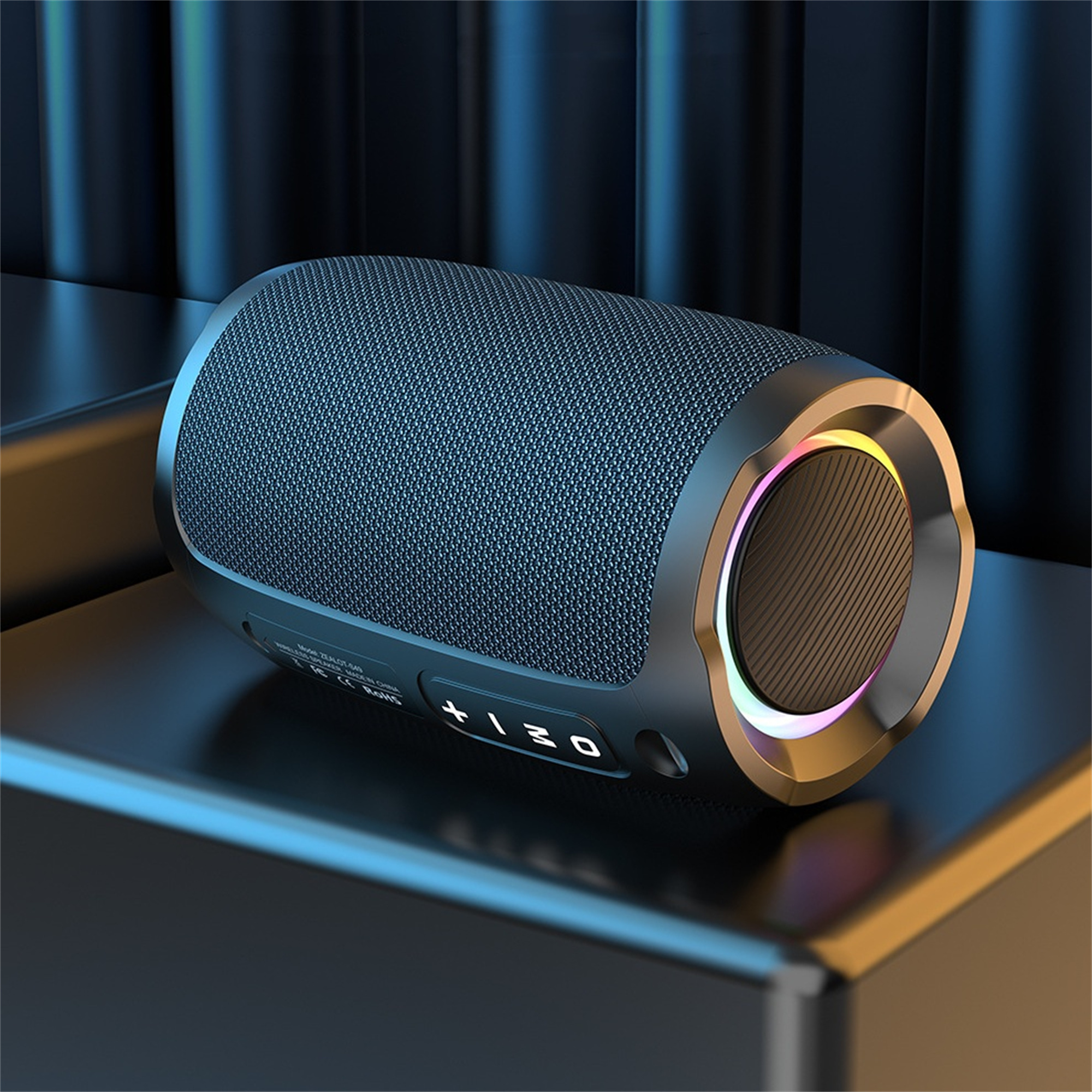 Schwarzer und grauer Bluetooth-Lautsprecher mit farbenfrohem Lichtring.