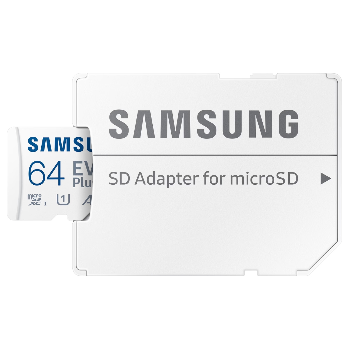 Ein weißer Samsung SD-Kartenadapter mit Micro-SD-Karte vor weißem Hintergrund.