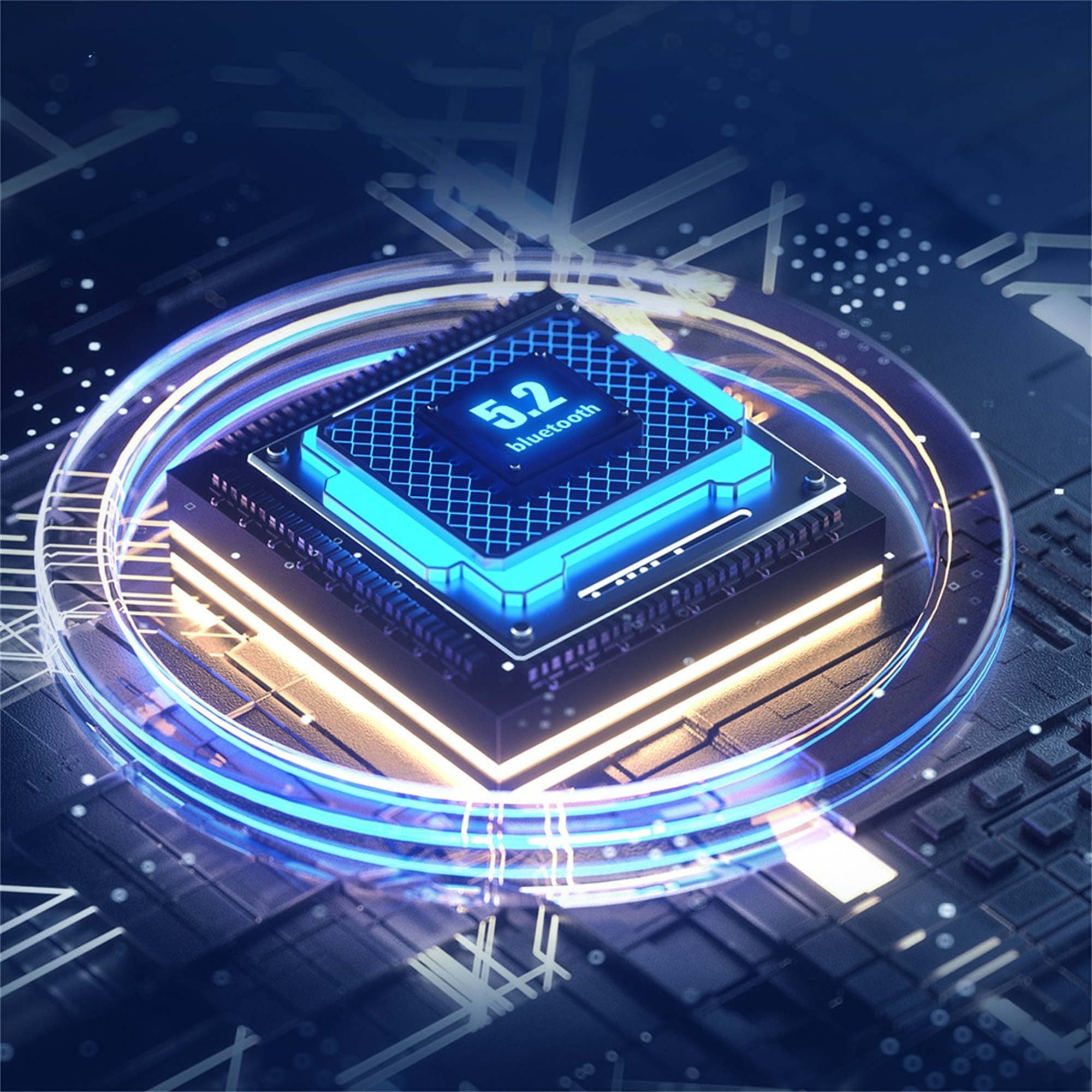 Nahaufnahme einer Platine mit Prozessor. Blaue Leuchtakzente heben die Komponenten hervor.