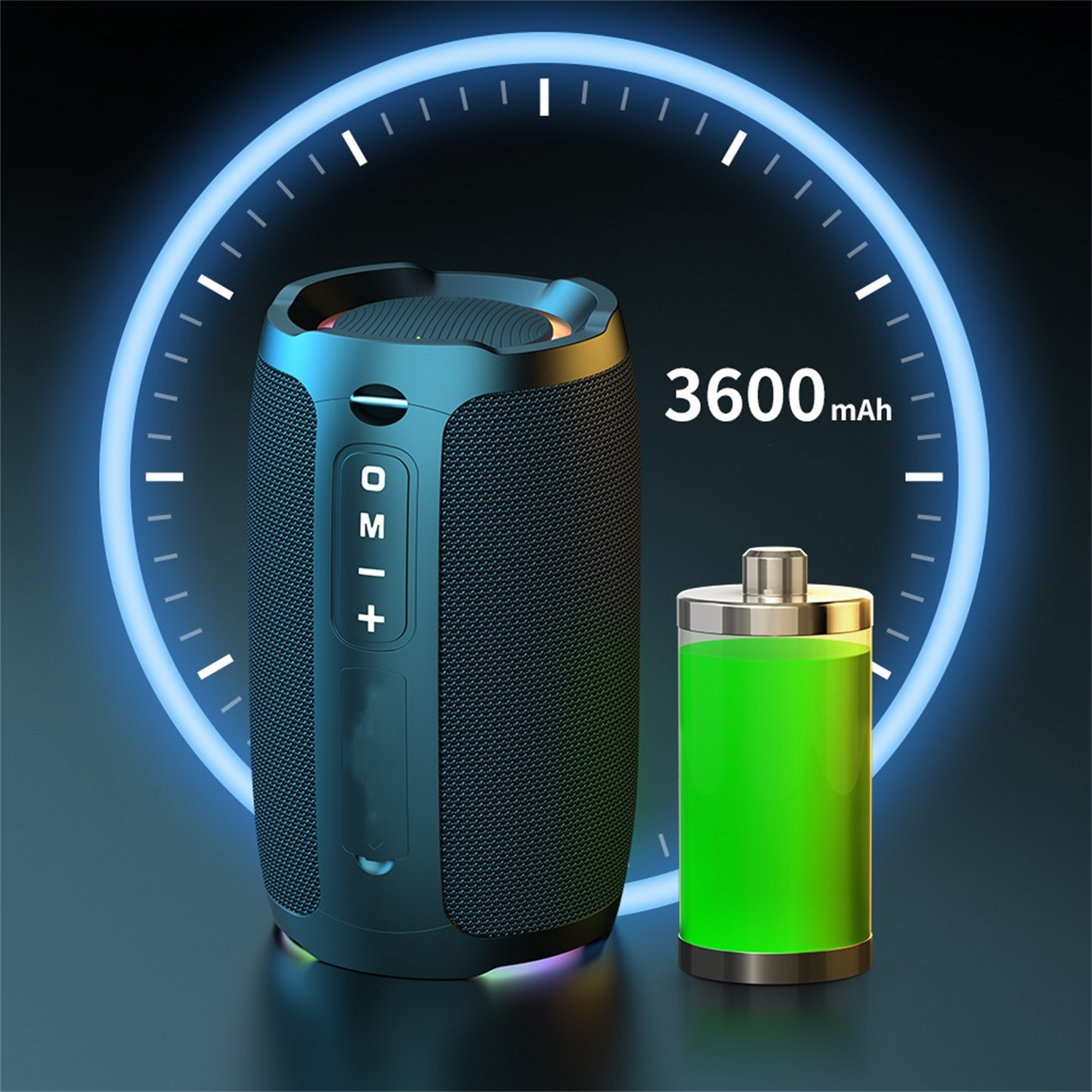 Schwarzer und blauer zylindrischer Lautsprecher mit Batteriesymbol, umgeben von einer Uhr.