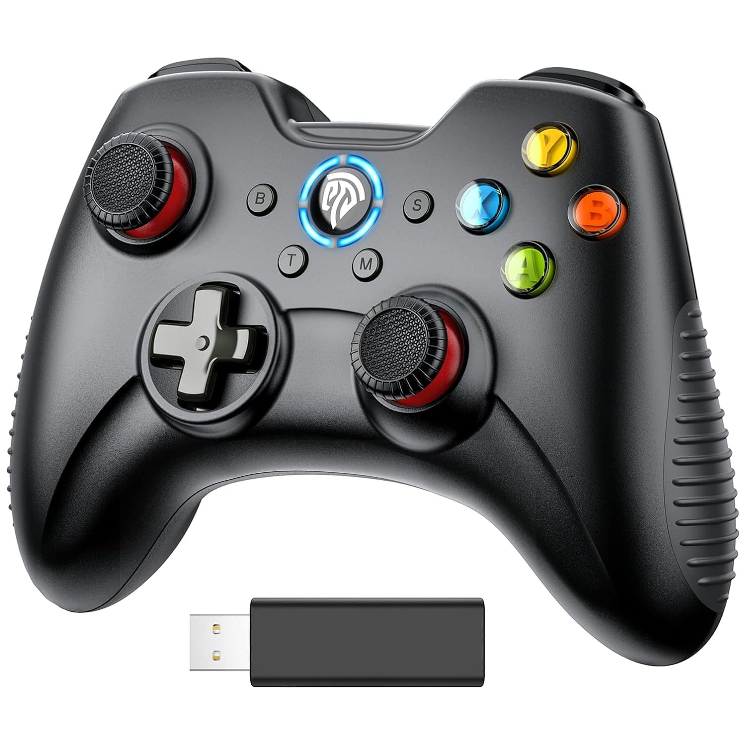 Controller di gioco nero con pulsanti rossi e gialli e ricevitore USB.