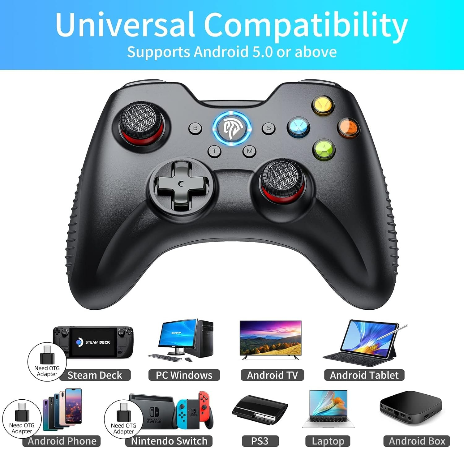 Controller di gioco nero con pulsanti. Supporta Android 5.0 o versioni successive. Ha Steam Deck, PC, Android TV e altro.