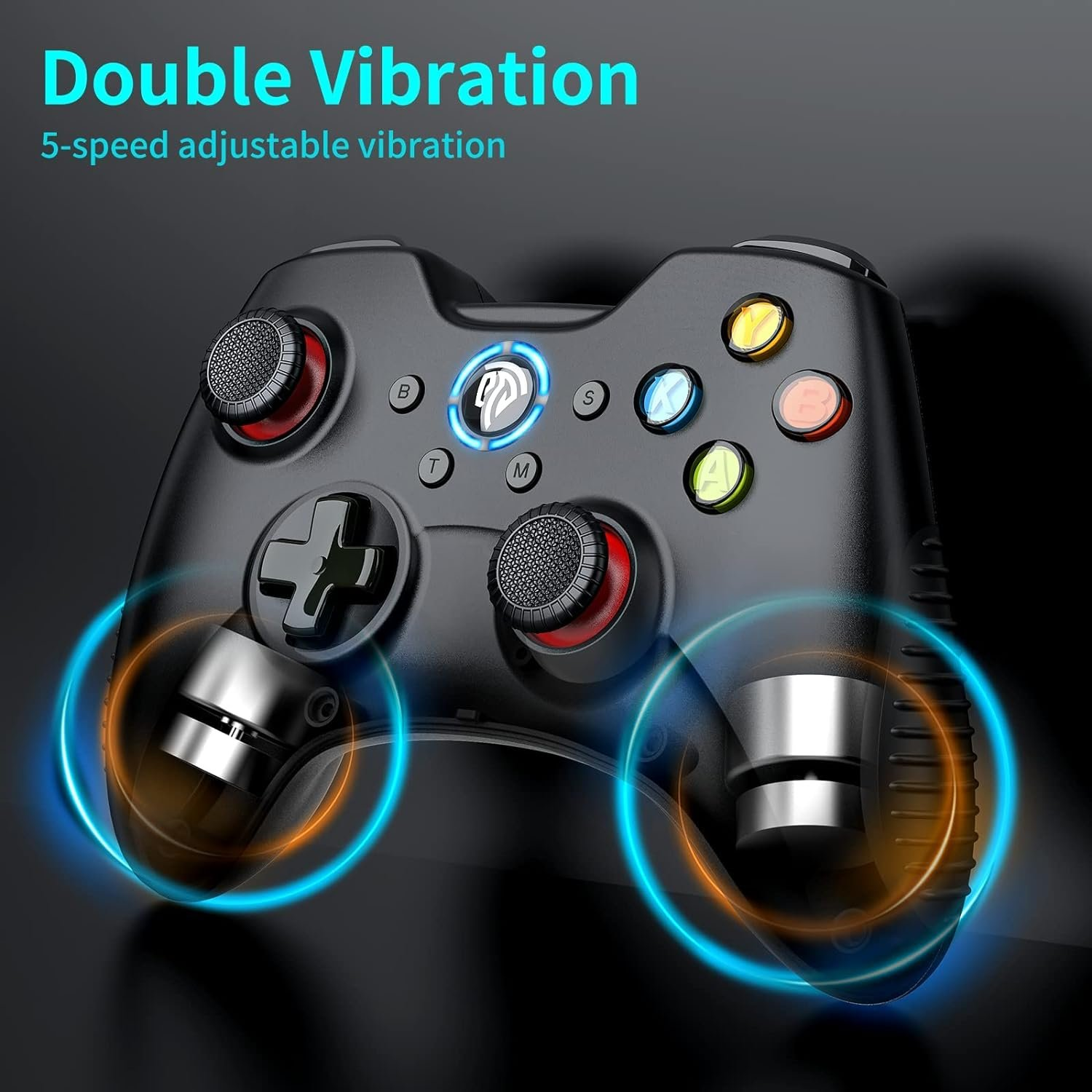 Un controller di gioco nero con più pulsanti e due cerchi luminosi.